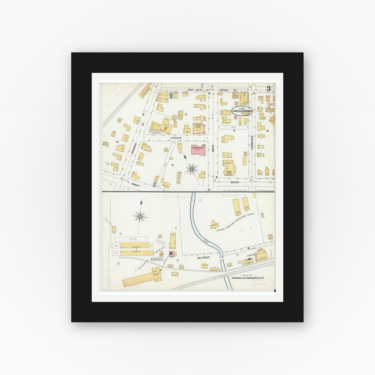 Old map wall art mockup — black gallery frame with white mat — Sanborn Fire Insurance Map from Cambridge Springs, Crawford County, Pennsylvania (1899), Sheet #0003