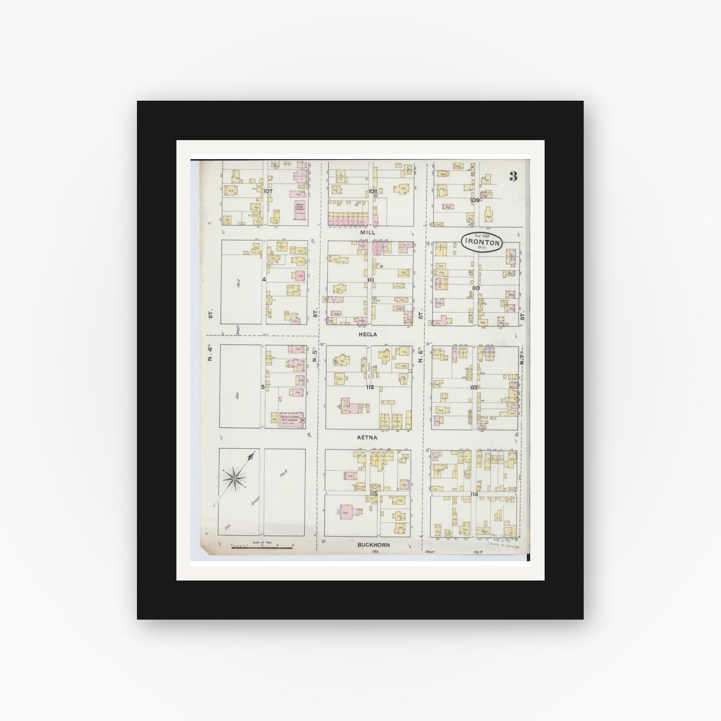 Old map wall art mockup — black gallery frame with white mat — Sanborn Fire Insurance Map from Ironton, Lawrence County, Ohio (1889), Sheet #0003