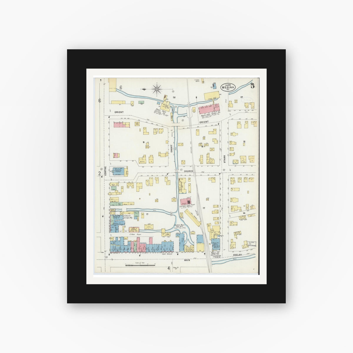 Old map wall art mockup — black gallery frame with white mat — Sanborn Fire Insurance Map from Medina, Orleans County, New York (1898), Sheet #0005