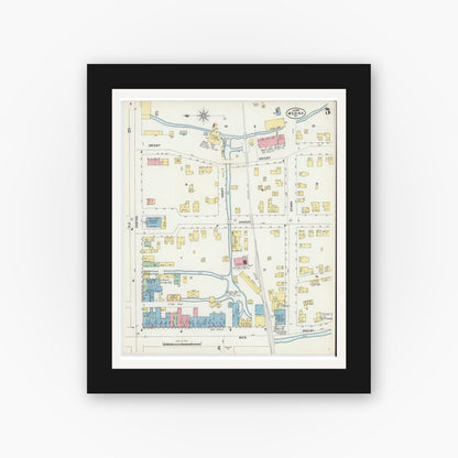 Old map wall art mockup — black gallery frame with white mat — Sanborn Fire Insurance Map from Medina, Orleans County, New York (1898), Sheet #0005