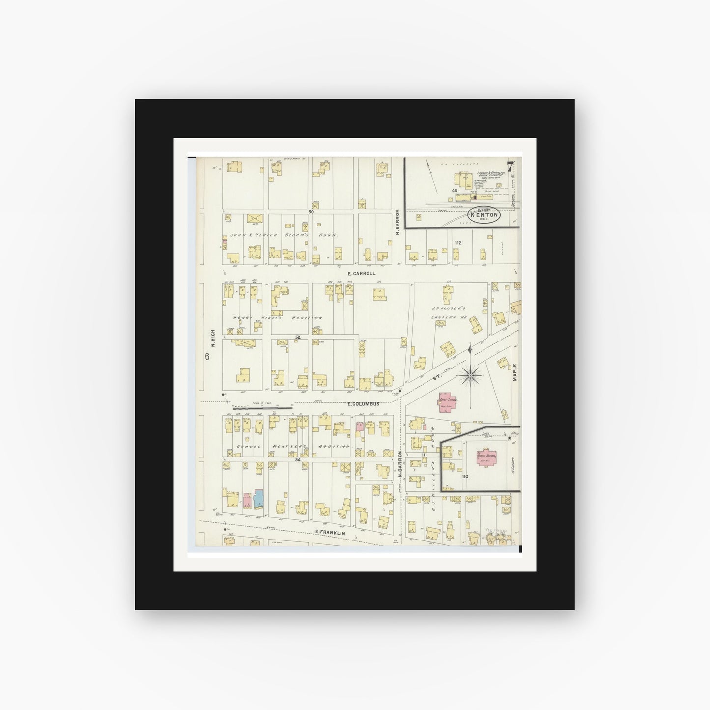 Old map wall art mockup — black gallery frame with white mat — Sanborn Fire Insurance Map from Kenton, Hardin County, Ohio (1897), Sheet #0007