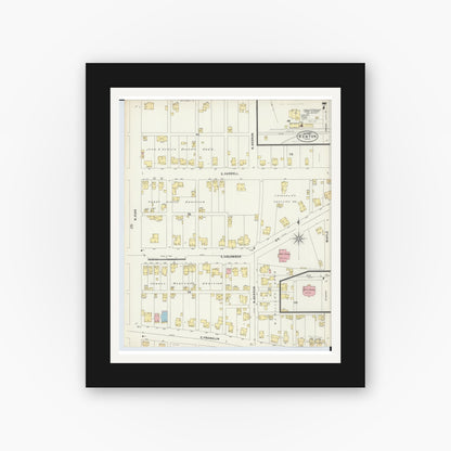 Old map wall art mockup — black gallery frame with white mat — Sanborn Fire Insurance Map from Kenton, Hardin County, Ohio (1897), Sheet #0007