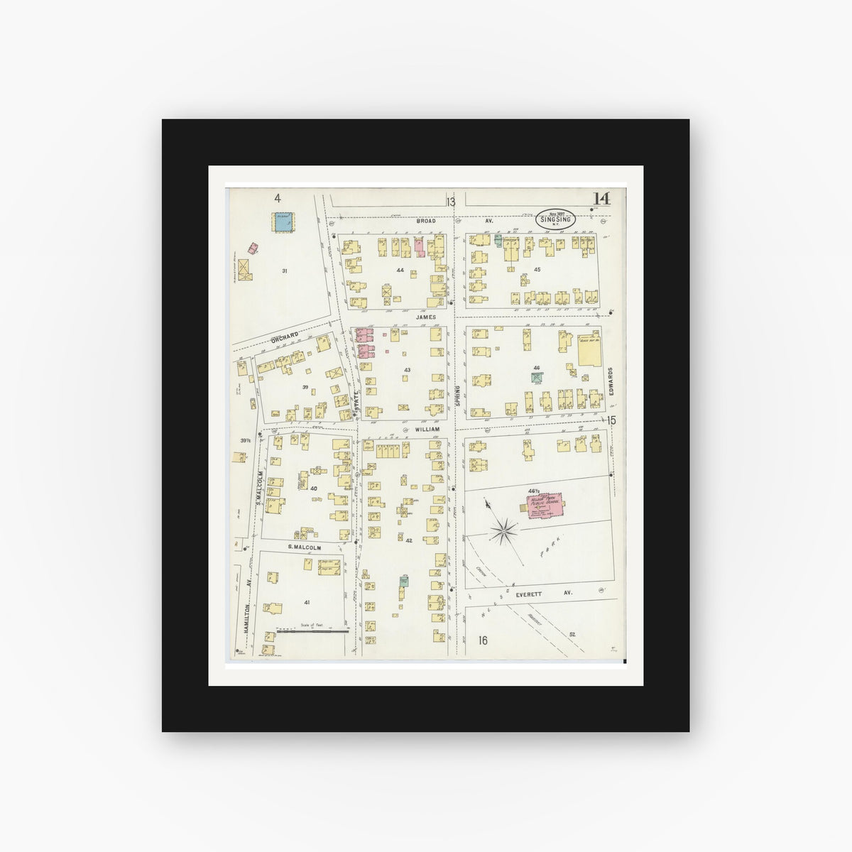Old map wall art mockup — black gallery frame with white mat — Sanborn Fire Insurance Map from Sing Sing, Westchester County, New York (1897), Sheet #0014
