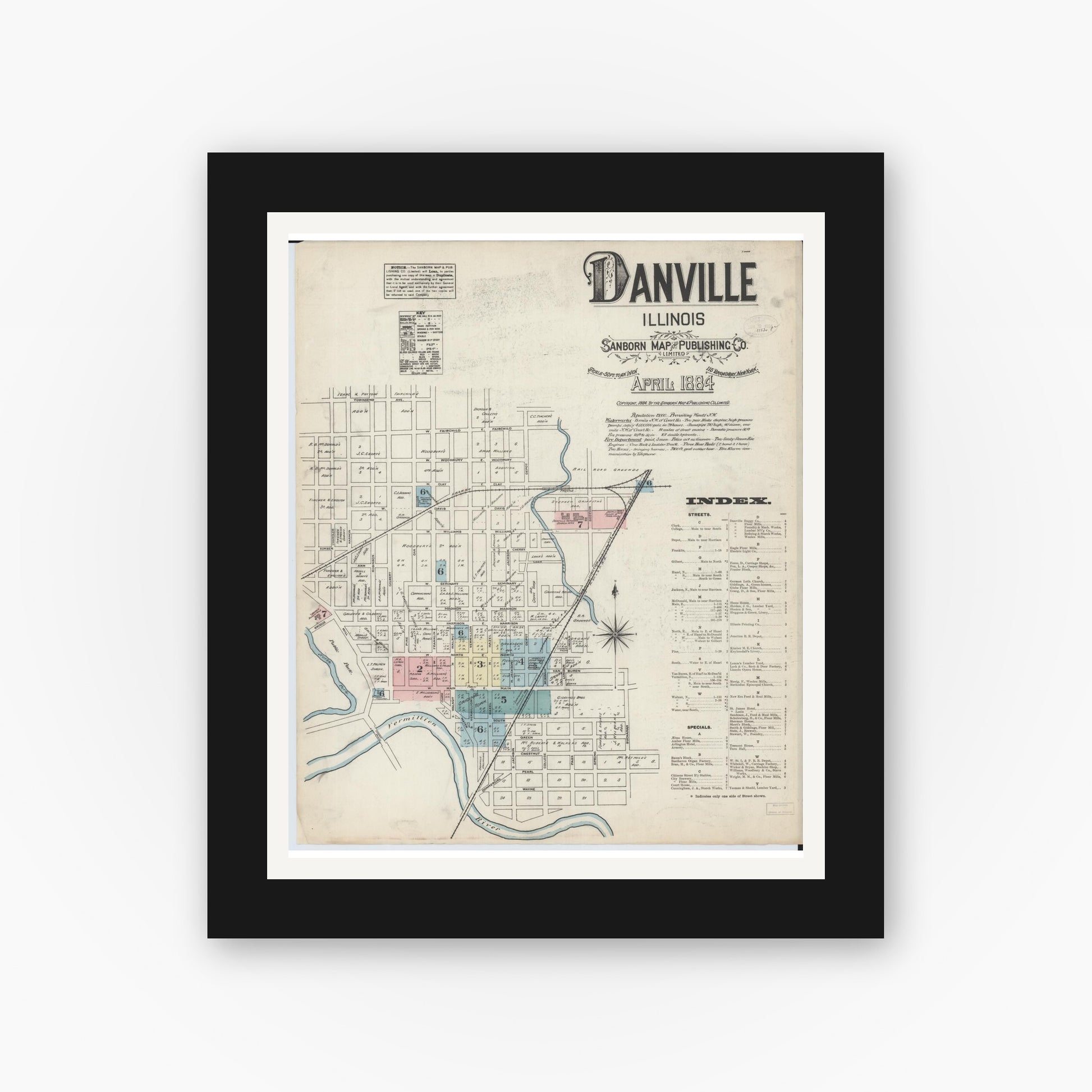 Old map wall art mockup — black gallery frame with white mat — Sanborn Fire Insurance Map from Danville, Vermilion County, Illinois (1884) - Complete Map Set