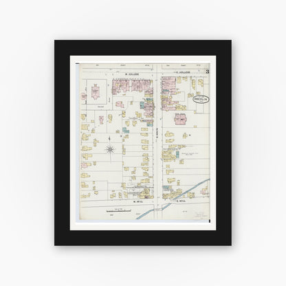 Old map wall art mockup — black gallery frame with white mat — Sanborn Fire Insurance Map from Oberlin, Lorain County, Ohio (1888), Sheet #0003