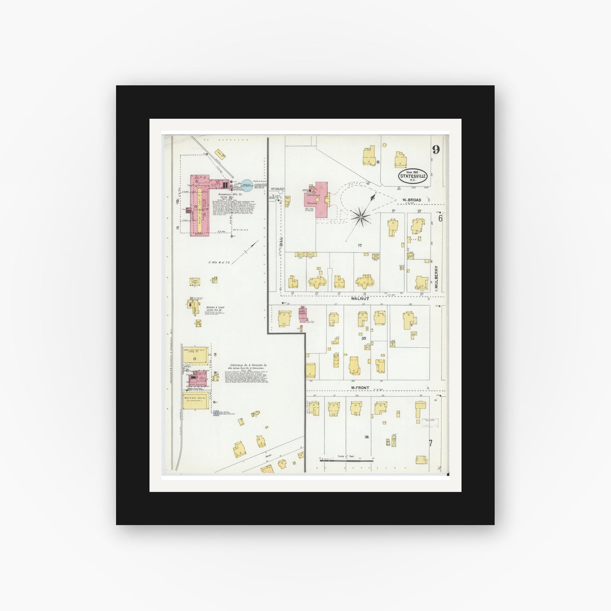 Old map wall art mockup — black gallery frame with white mat — Sanborn Fire Insurance Map from Statesville, Iredell County, North Carolina (1905), Sheet #0009