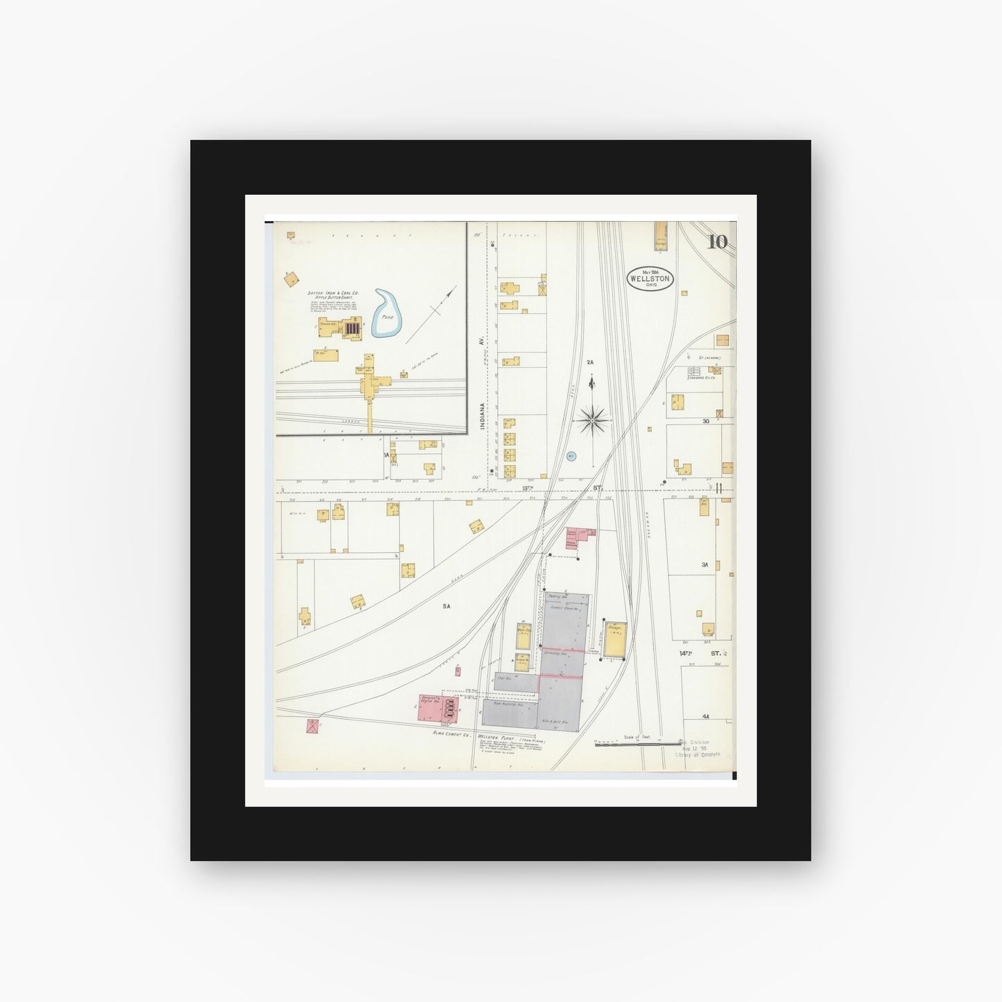 Old map wall art mockup — black gallery frame with white mat — Sanborn Fire Insurance Map from Wellston, Jackson County, Ohio (1904), Sheet #0010