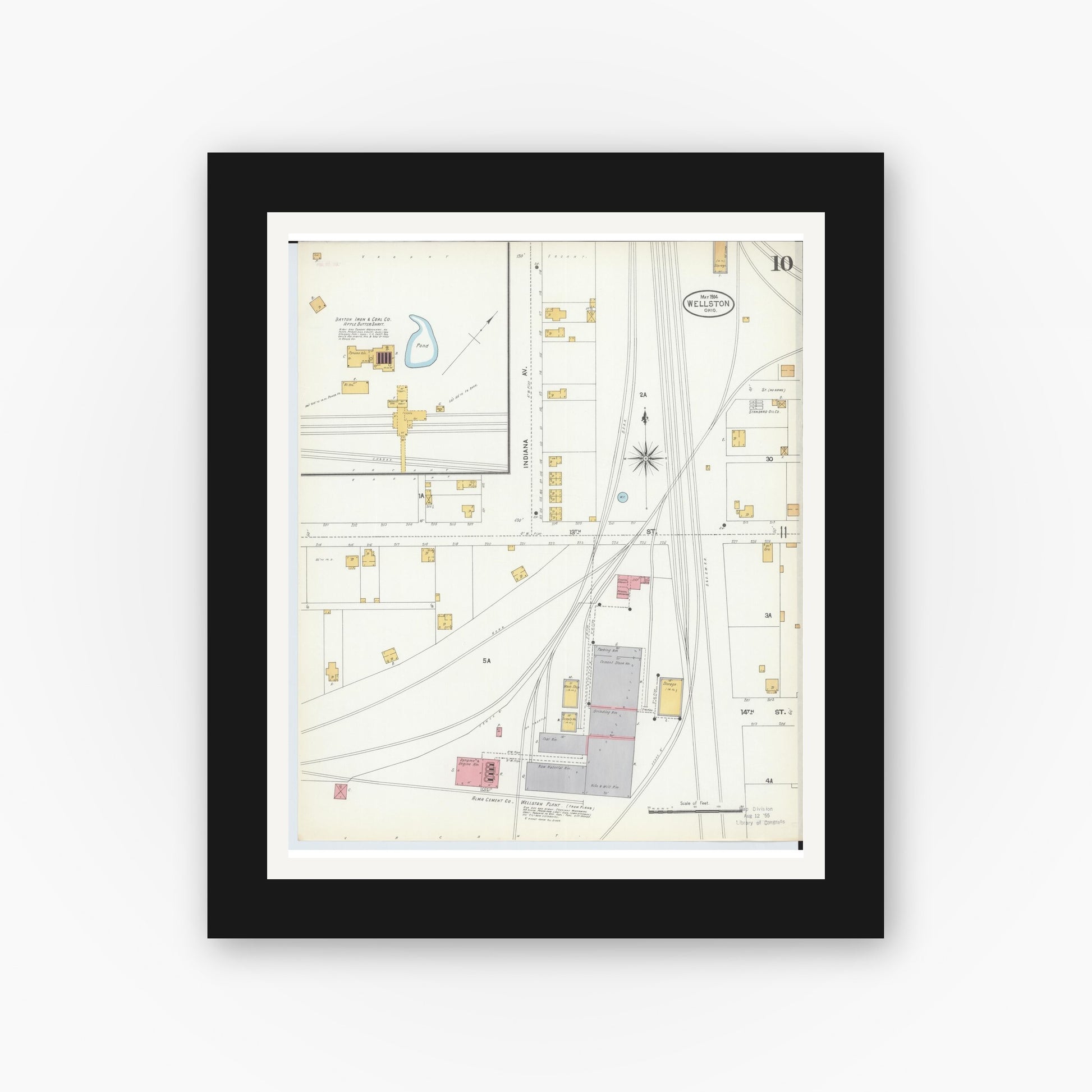 Old map wall art mockup — black gallery frame with white mat — Sanborn Fire Insurance Map from Wellston, Jackson County, Ohio (1904), Sheet #0010
