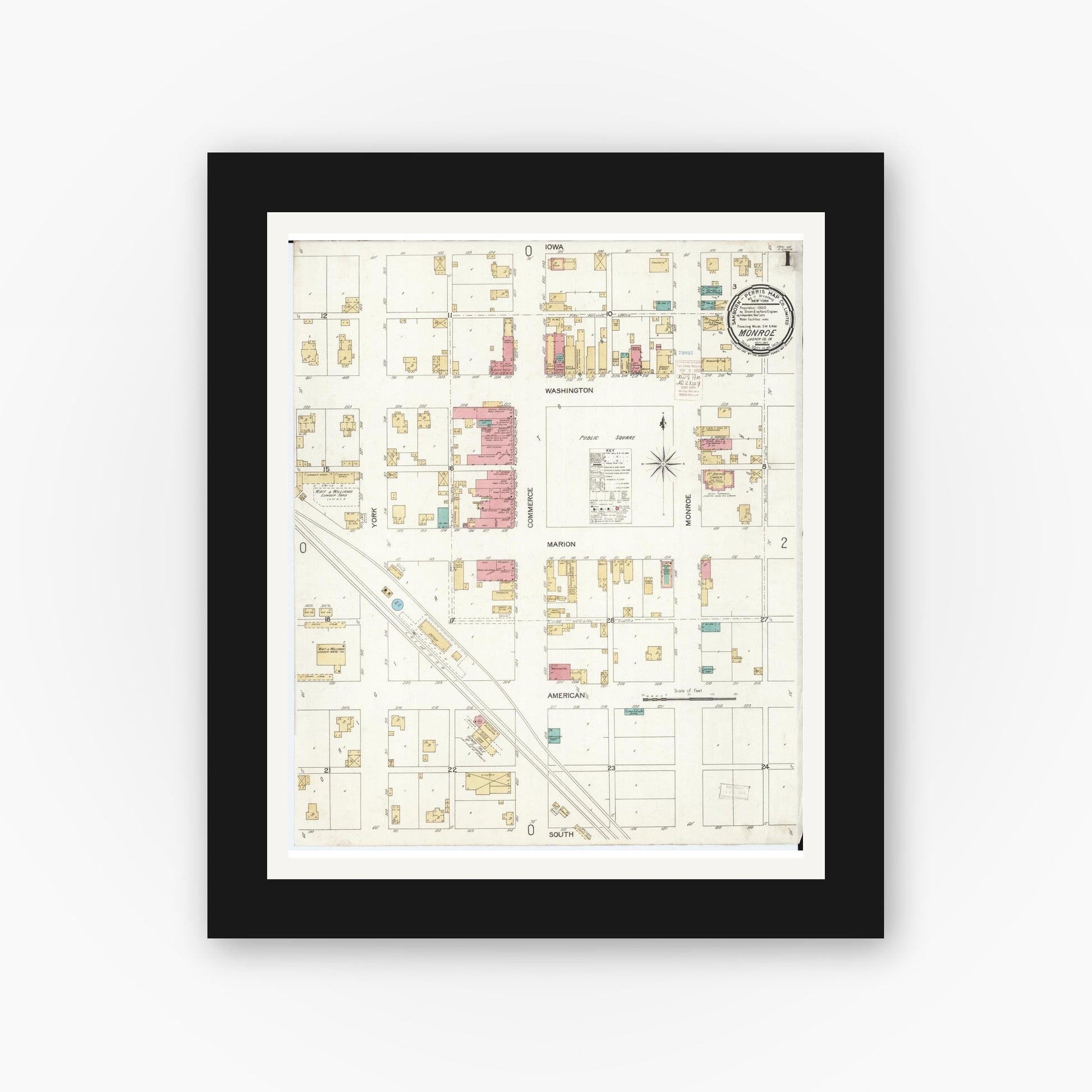 Old map wall art mockup — black gallery frame with white mat — Sanborn Fire Insurance Map from Monroe, Jasper County, Iowa (1900), Sheet #0001