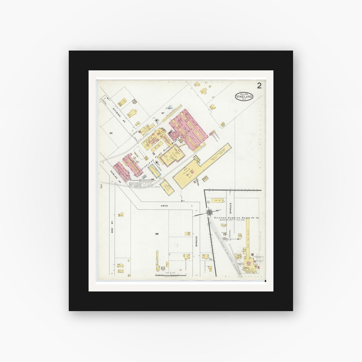 Old map wall art mockup — black gallery frame with white mat — Sanborn Fire Insurance Map from Vineland, Cumberland County, New Jersey (1919) - Complete Map Set