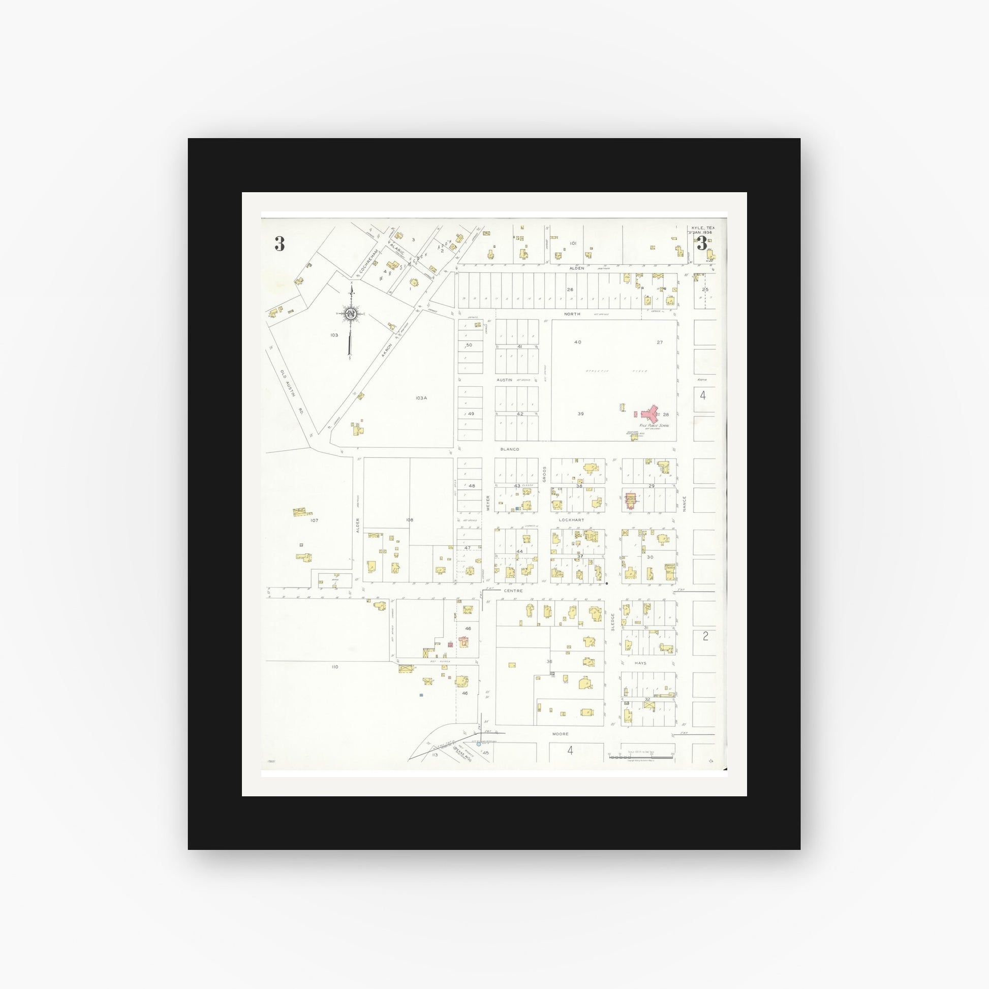 Old map wall art mockup — black gallery frame with white mat — Sanborn Fire Insurance Map from Kyle, Hays County, Texas (1936), Sheet #0003