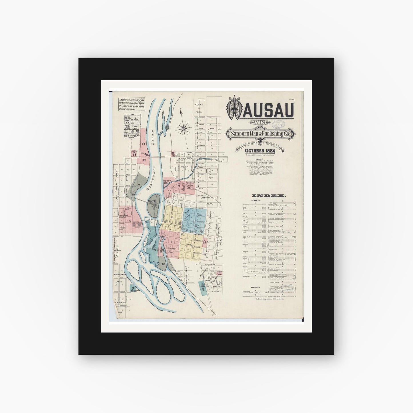 Old map wall art mockup — black gallery frame with white mat — Sanborn Fire Insurance Map from Wausau, Marathon County, Wisconsin (1884) - Complete Map Set