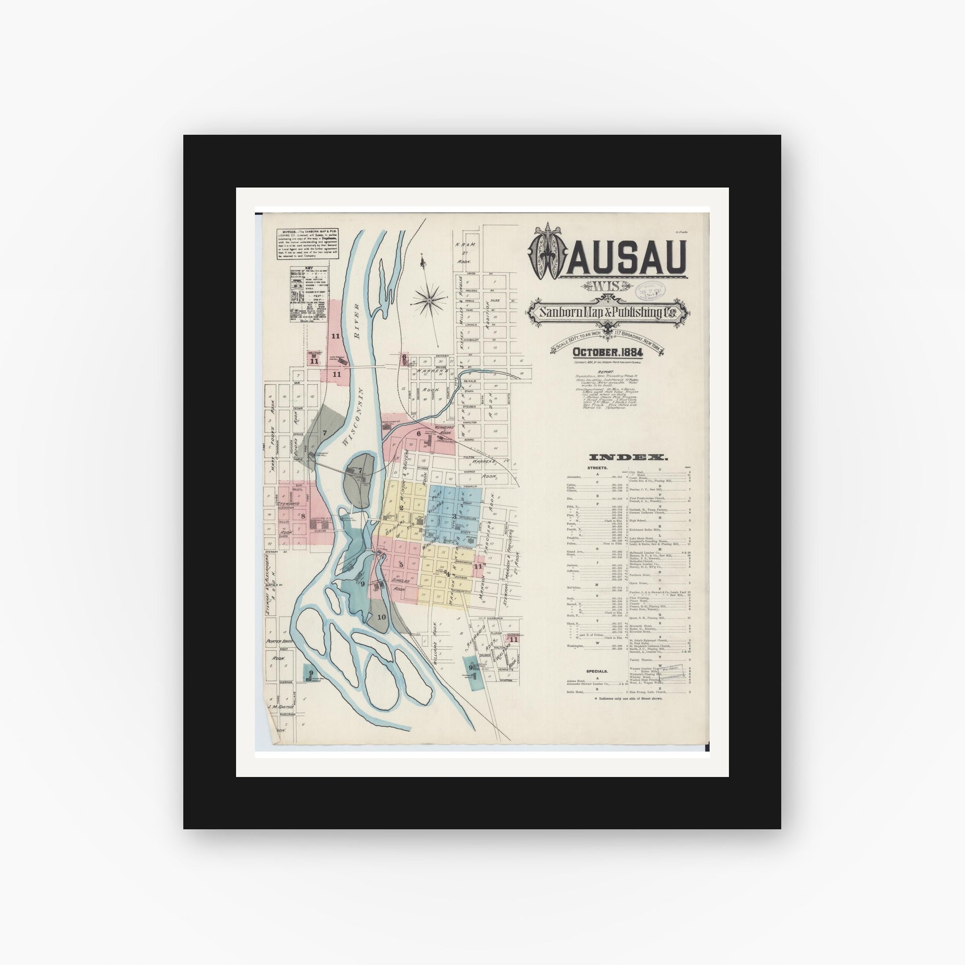 Old map wall art mockup — black gallery frame with white mat — Sanborn Fire Insurance Map from Wausau, Marathon County, Wisconsin (1884) - Complete Map Set