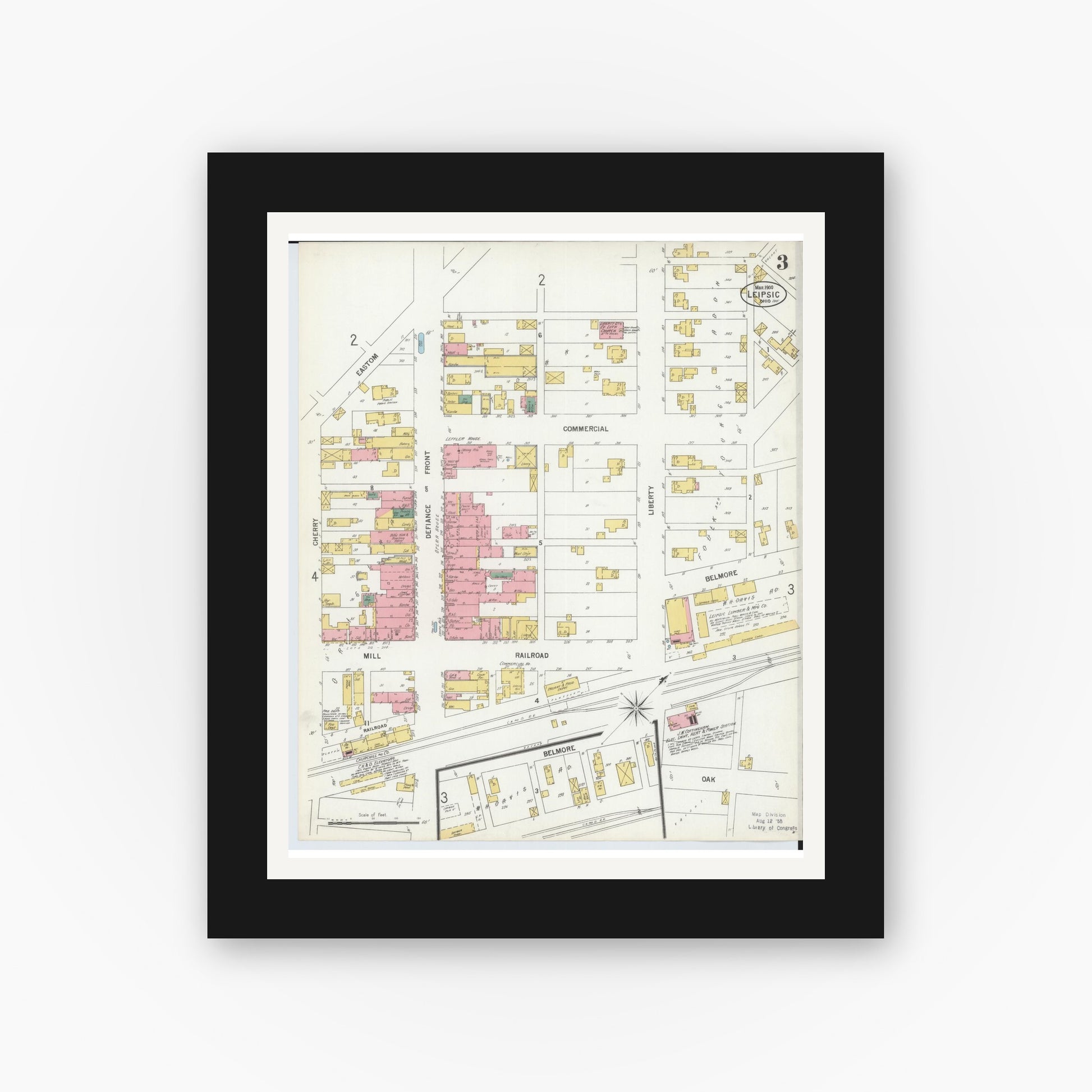 Old map wall art mockup — black gallery frame with white mat — Sanborn Fire Insurance Map from Leipsic, Putnam County, Ohio (1900), Sheet #0003