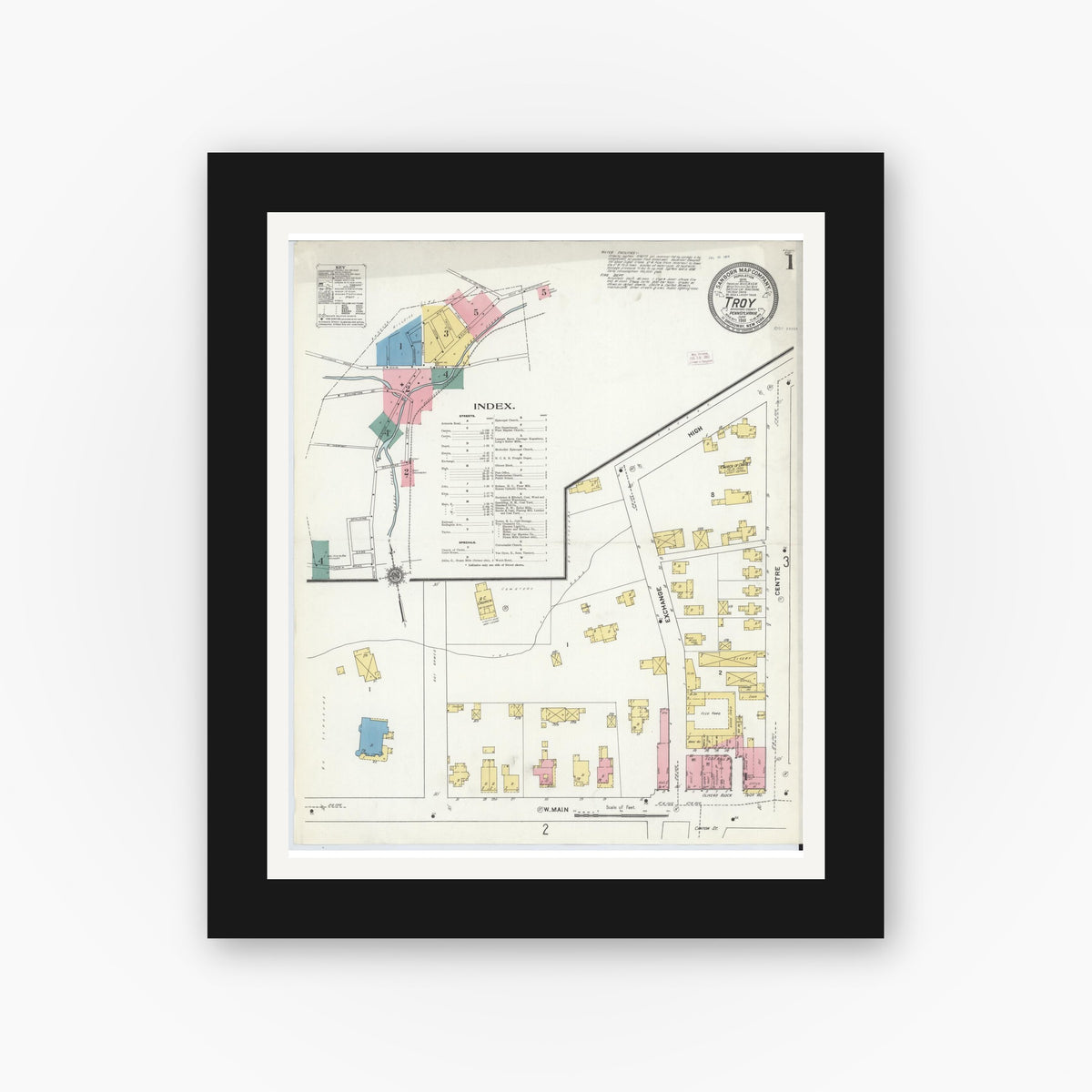 Old map wall art mockup — black gallery frame with white mat — Sanborn Fire Insurance Map from Troy, Bradford County, Pennsylvania (1911), Sheet #0001