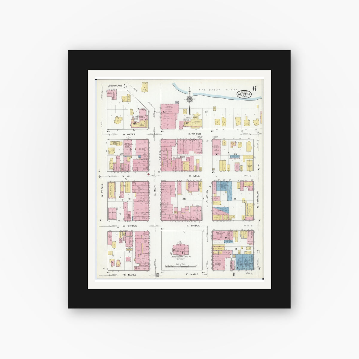 Old map wall art mockup — black gallery frame with white mat — Sanborn Fire Insurance Map from Austin, Mower County, Minnesota (1917), Sheet #0006