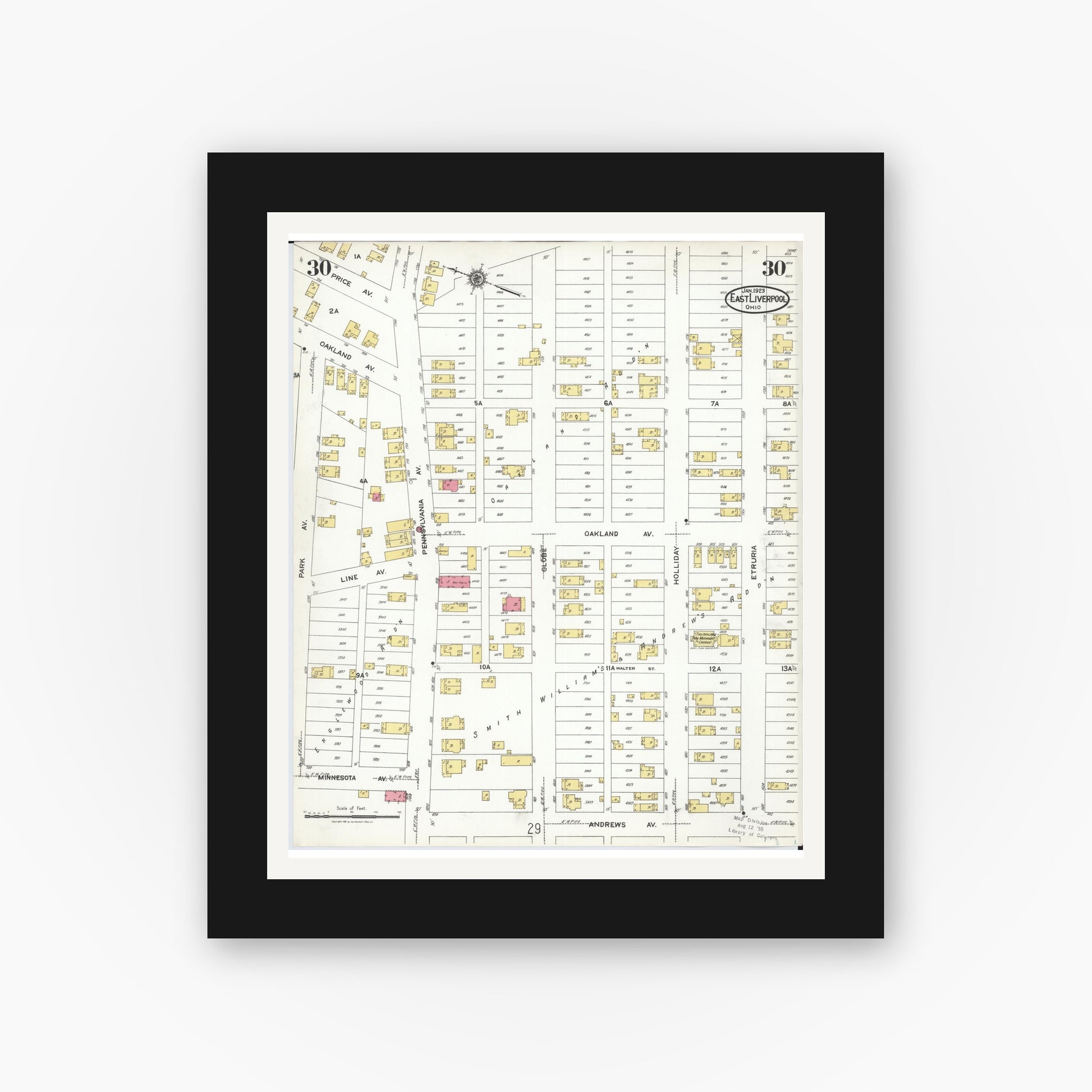 Old map wall art mockup — black gallery frame with white mat — Sanborn Fire Insurance Map from East Liverpool, Columbiana County, Ohio (1923), Sheet #0030