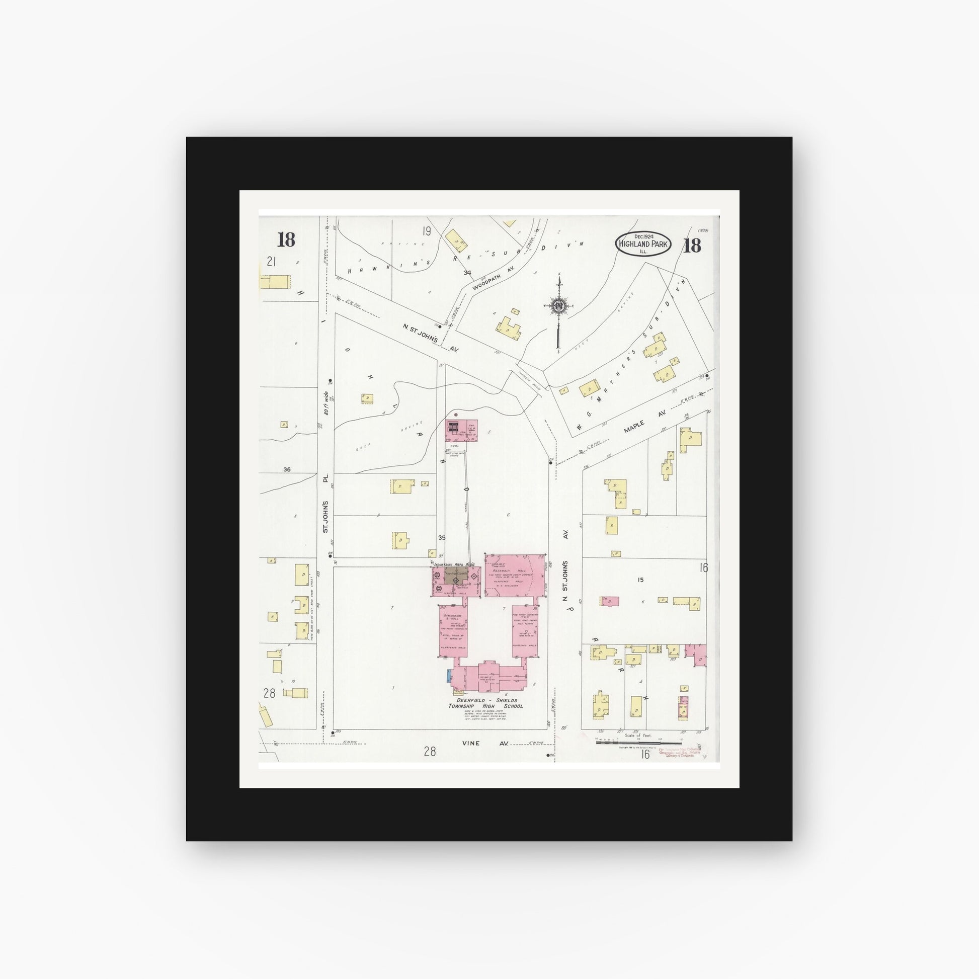 Old map wall art mockup — black gallery frame with white mat — Sanborn Fire Insurance Map from Highland Park, Lake County, Illinois (1924), Sheet #0018