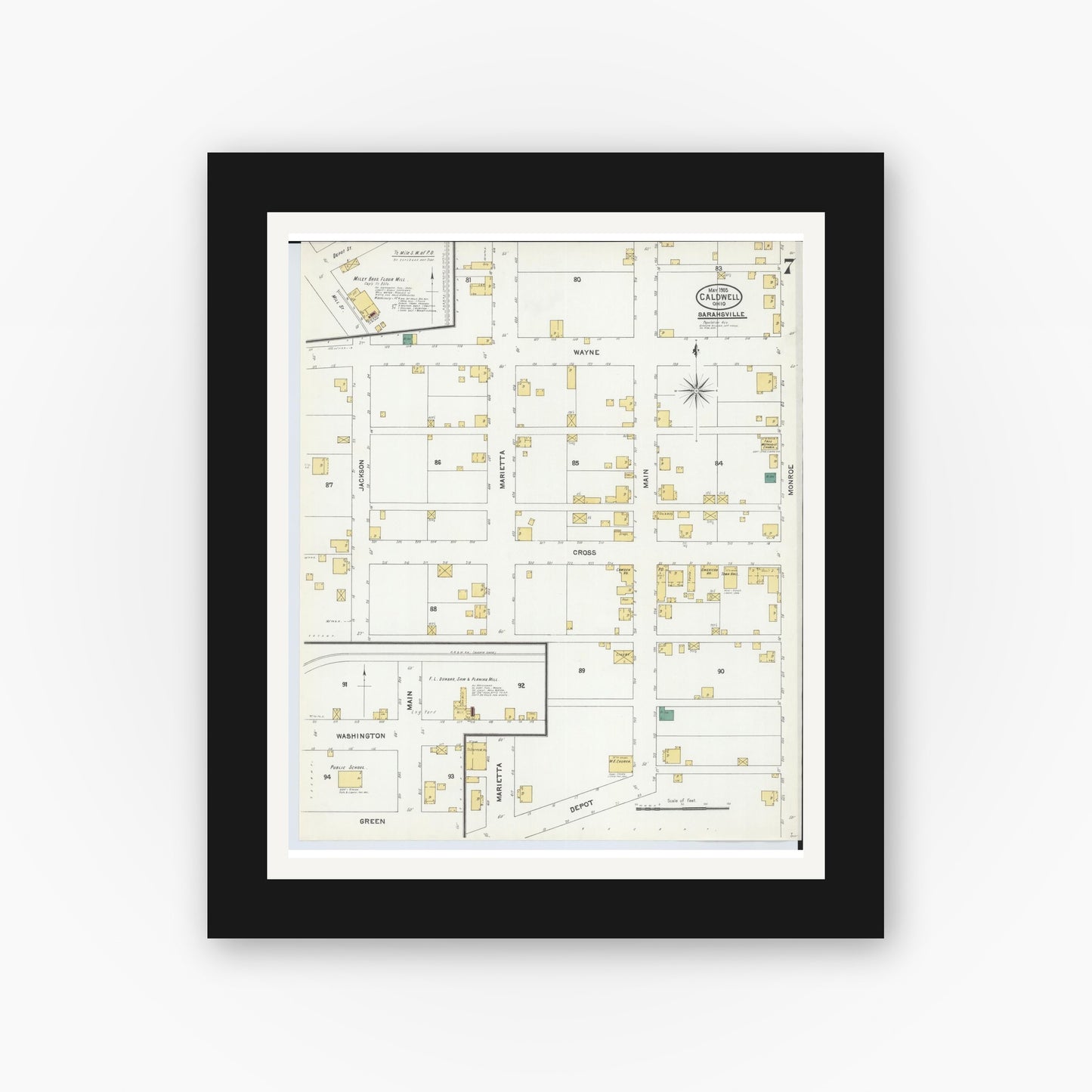 Old map wall art mockup — black gallery frame with white mat — Sanborn Fire Insurance Map from Caldwell, Noble County, Ohio (1905), Sheet #0007