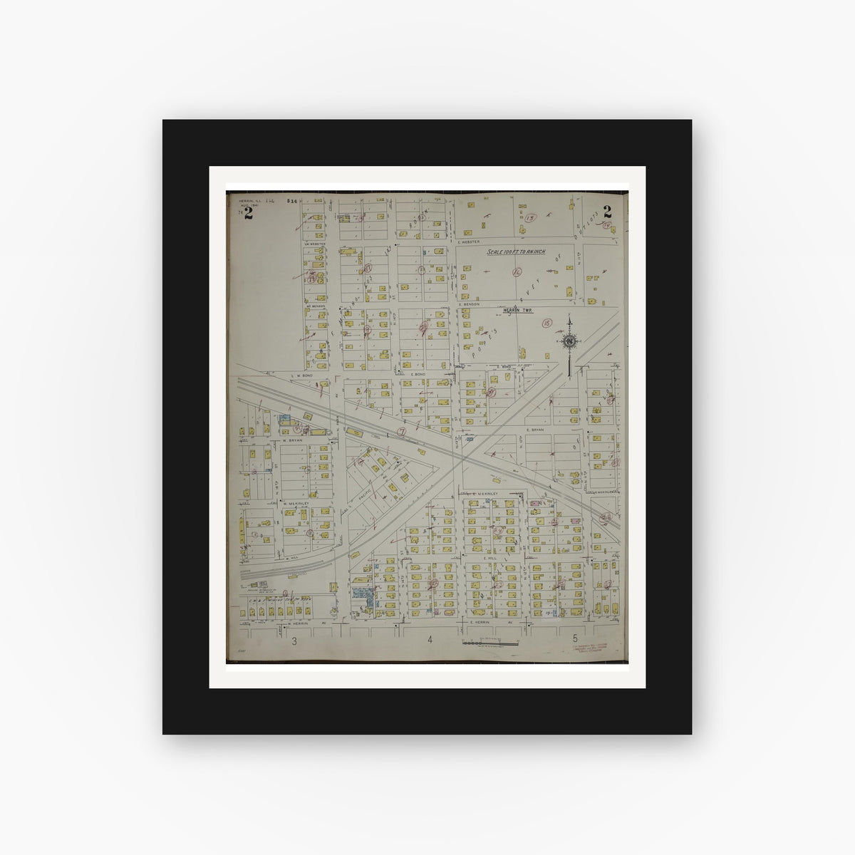 Old map wall art mockup — black gallery frame with white mat — Sanborn Fire Insurance Map from Herrin, Williamson County, Illinois (1947), Sheet #0002