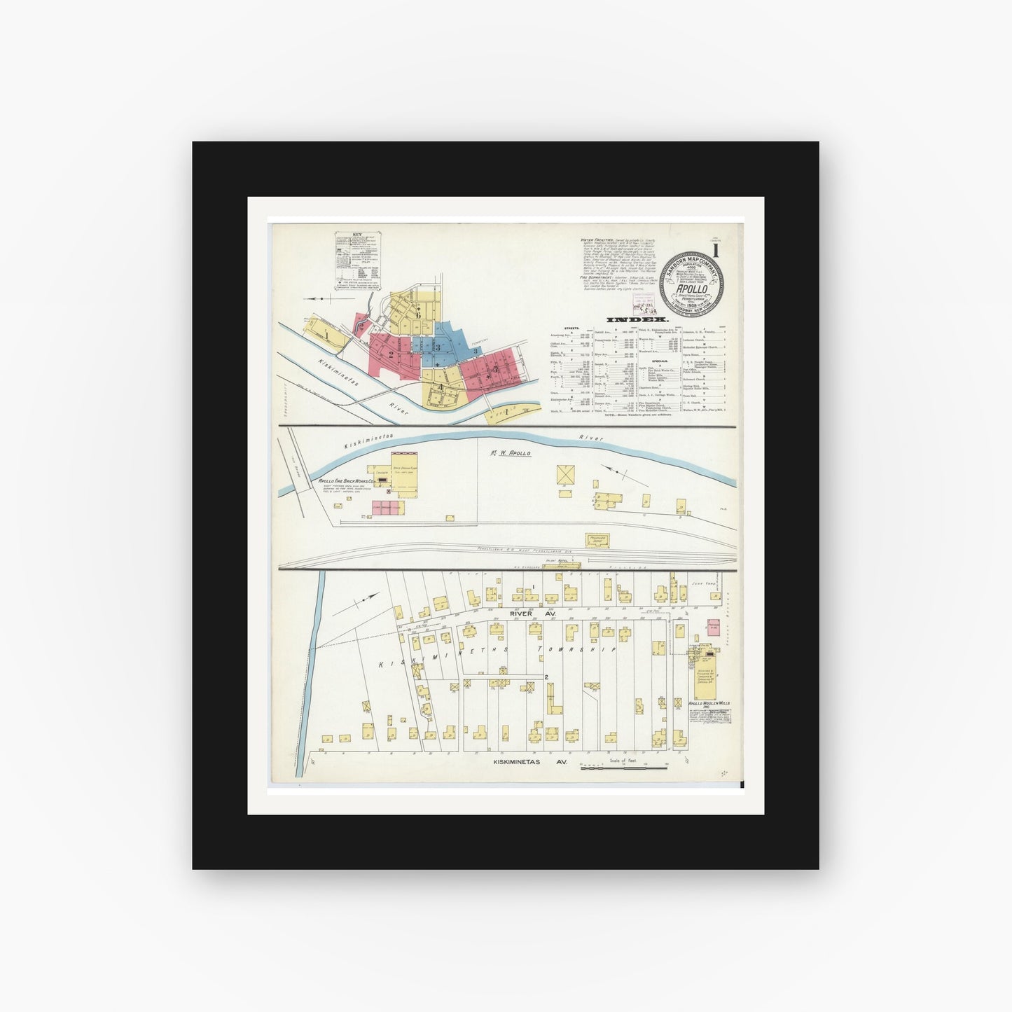 Old map wall art mockup — black gallery frame with white mat — Sanborn Fire Insurance Map from Apollo, Armstrong County, Pennsylvania (1909), Sheet #0001