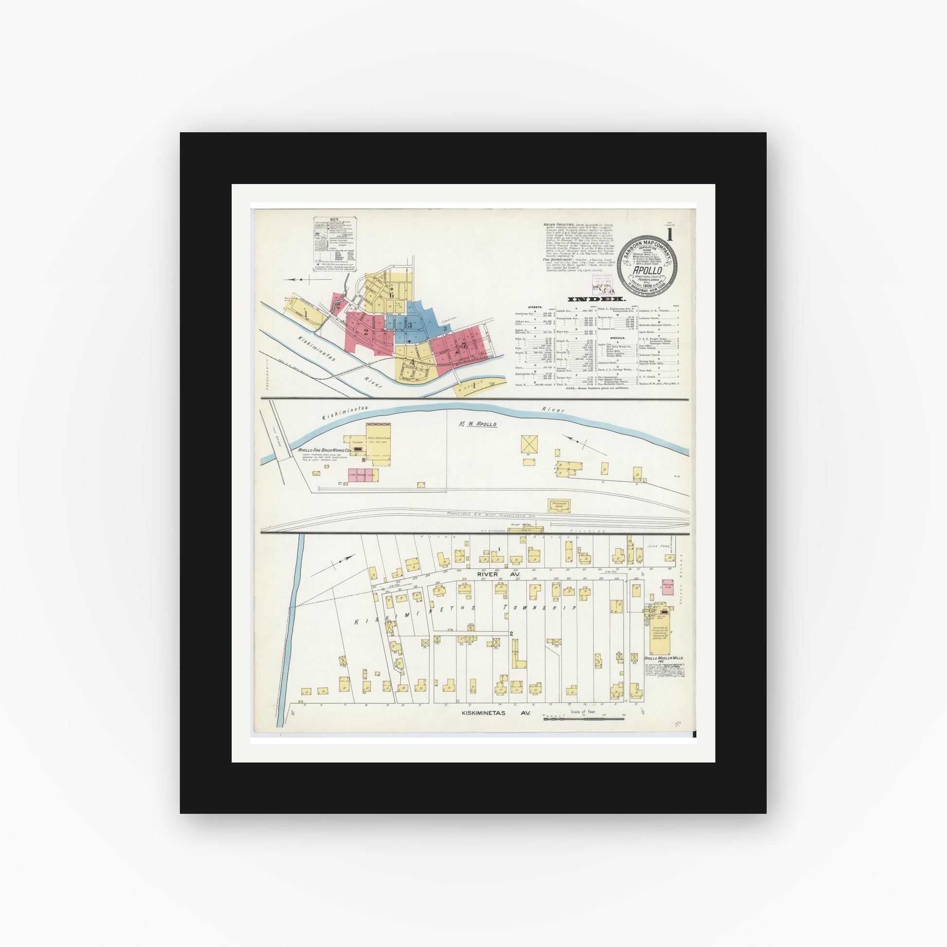 Old map wall art mockup — black gallery frame with white mat — Sanborn Fire Insurance Map from Apollo, Armstrong County, Pennsylvania (1909), Sheet #0001