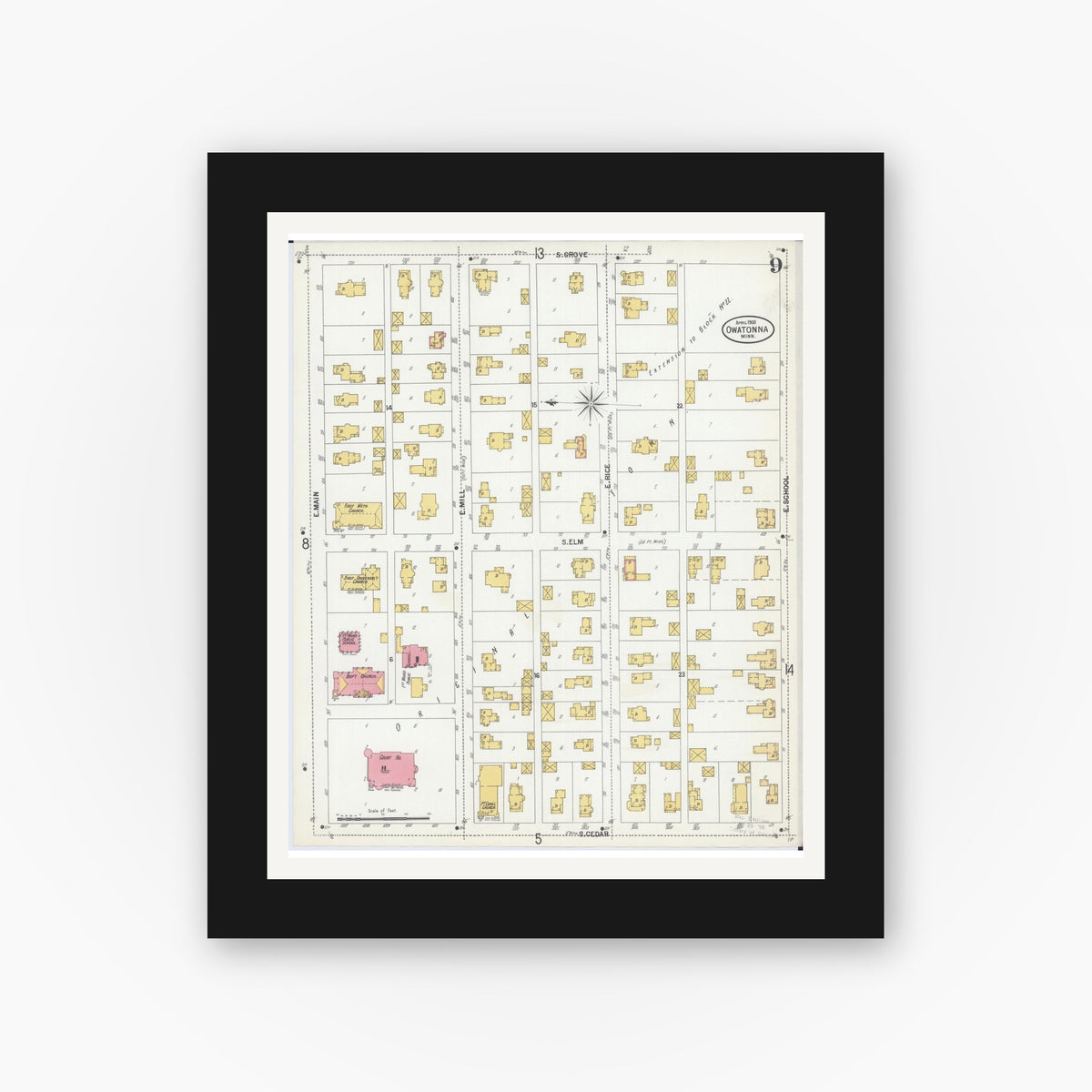 Old map wall art mockup — black gallery frame with white mat — Sanborn Fire Insurance Map from Owatonna, Steele County, Minnesota (1900), Sheet #0009