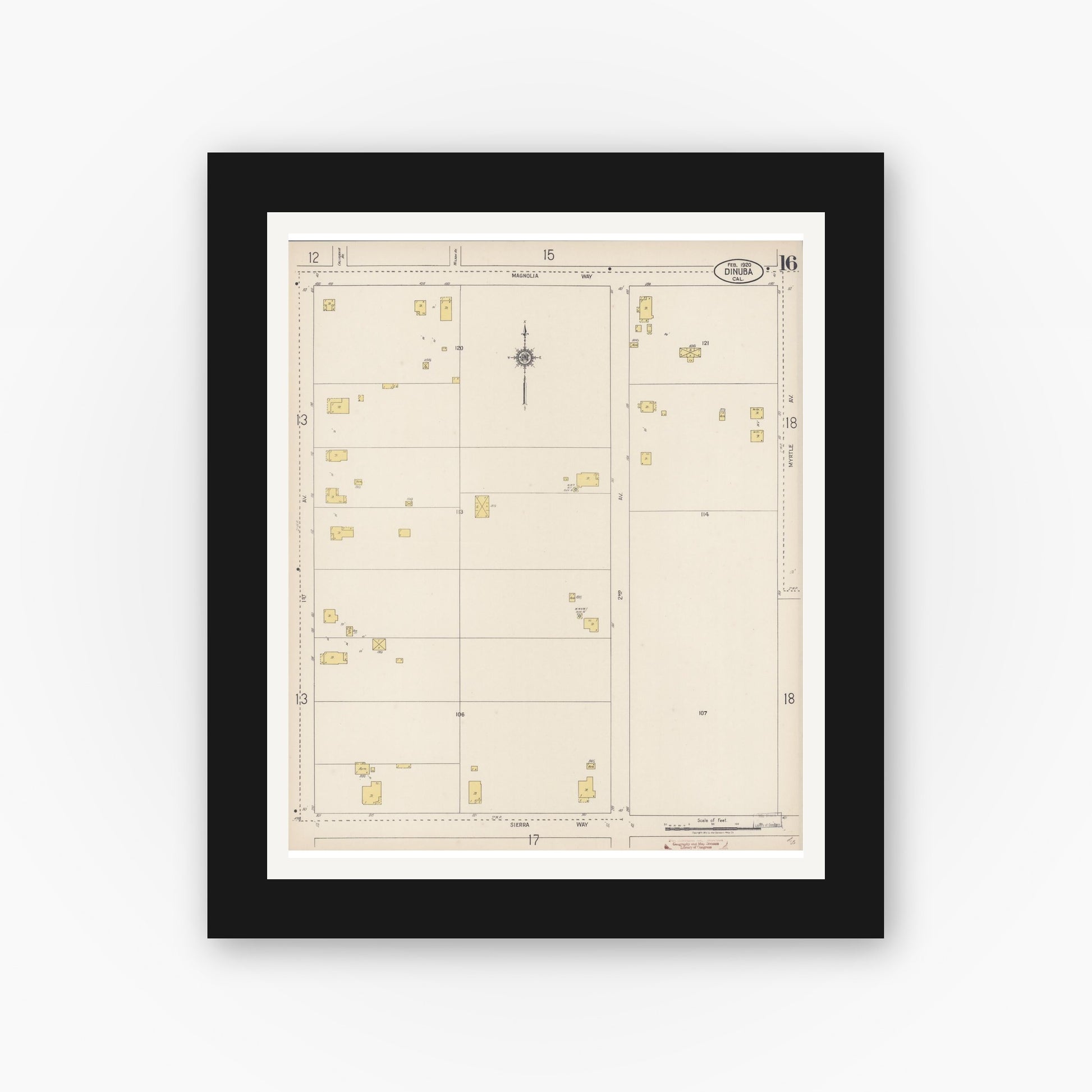 Old map wall art mockup — black gallery frame with white mat — Sanborn Fire Insurance Map from Dinuba, Tulare County, California (1920), Sheet #0016