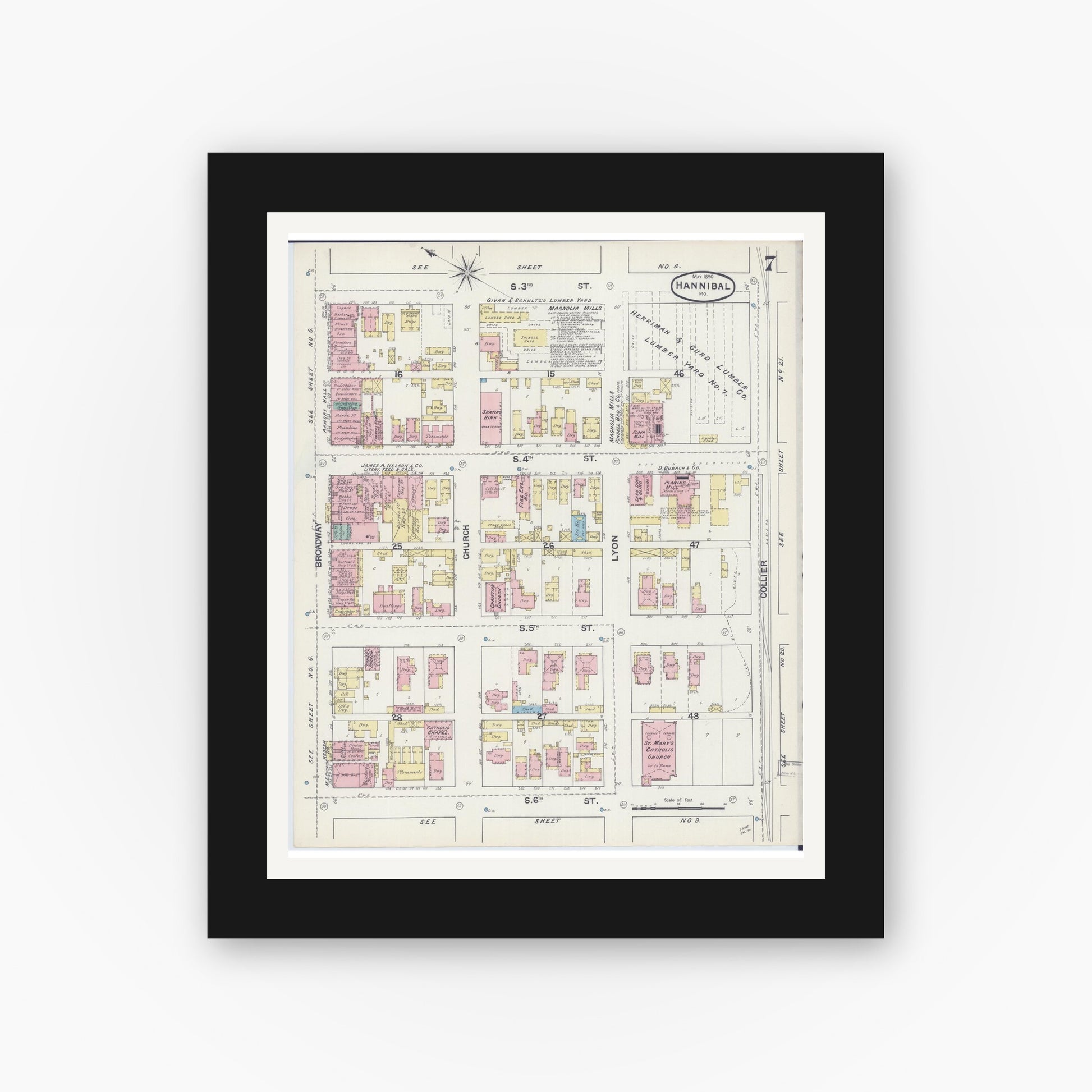 Old map wall art mockup — black gallery frame with white mat — Sanborn Fire Insurance Map from Hannibal, Marion County, Missouri (1890), Sheet #0007