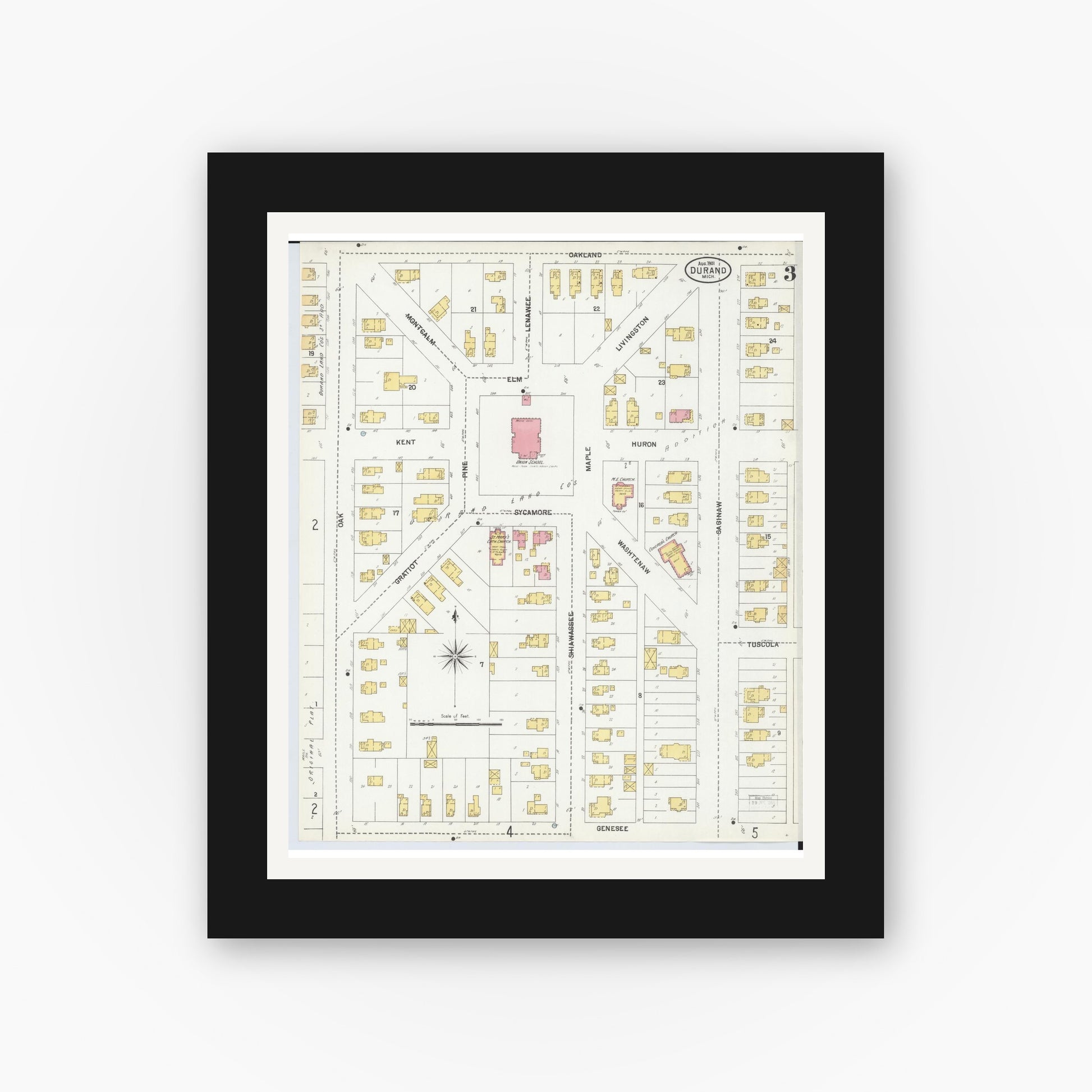 Old map wall art mockup — black gallery frame with white mat — Sanborn Fire Insurance Map from Durand, Shiawassee County, Michigan (1901), Sheet #0003