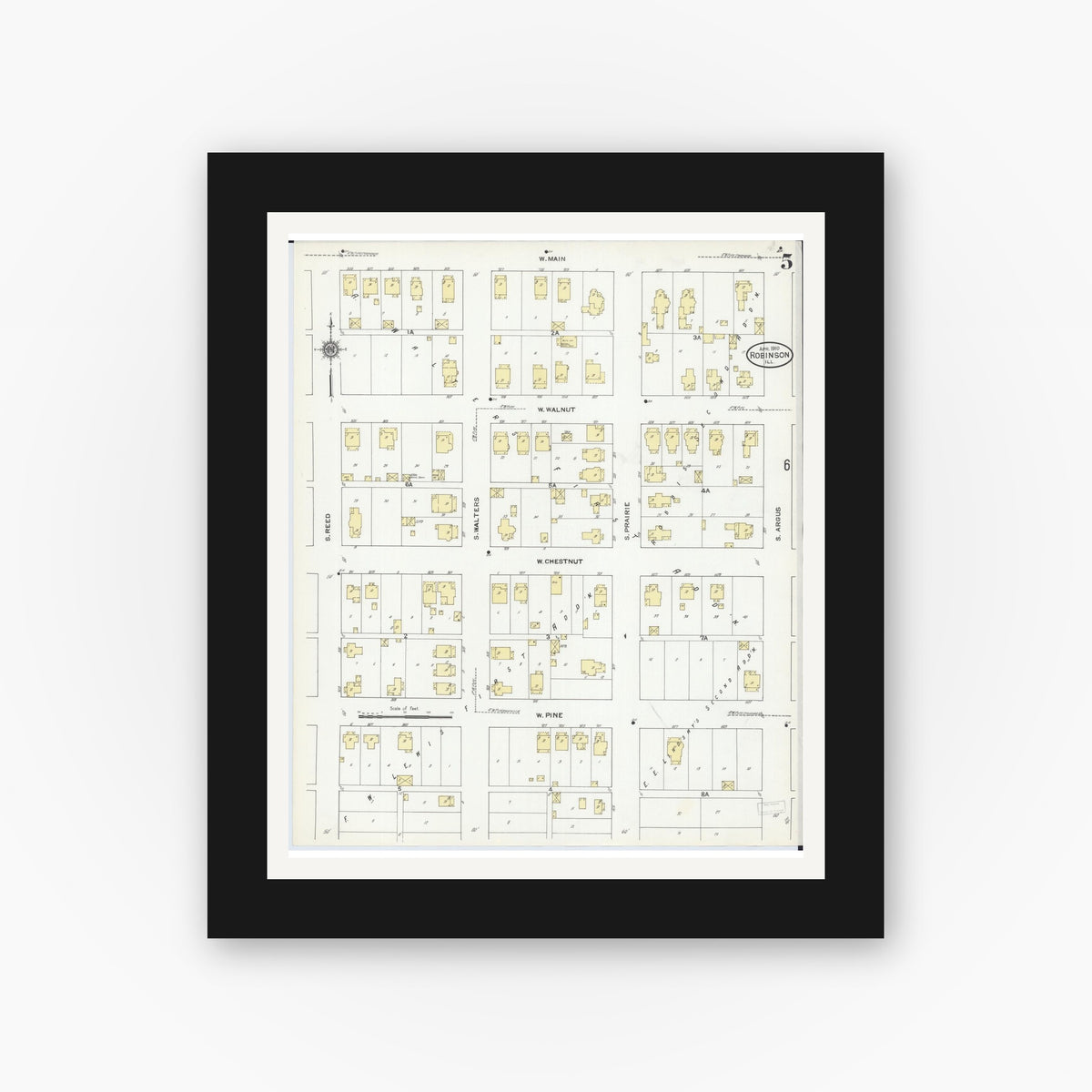Old map wall art mockup — black gallery frame with white mat — Sanborn Fire Insurance Map from Robinson, Crawford County, Illinois (1910), Sheet #0005