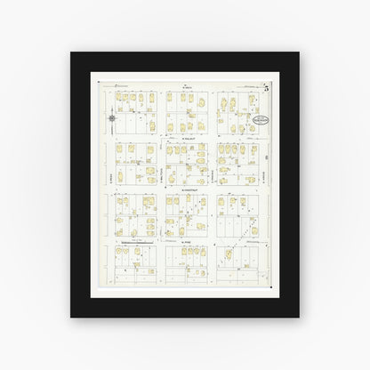 Old map wall art mockup — black gallery frame with white mat — Sanborn Fire Insurance Map from Robinson, Crawford County, Illinois (1910), Sheet #0005