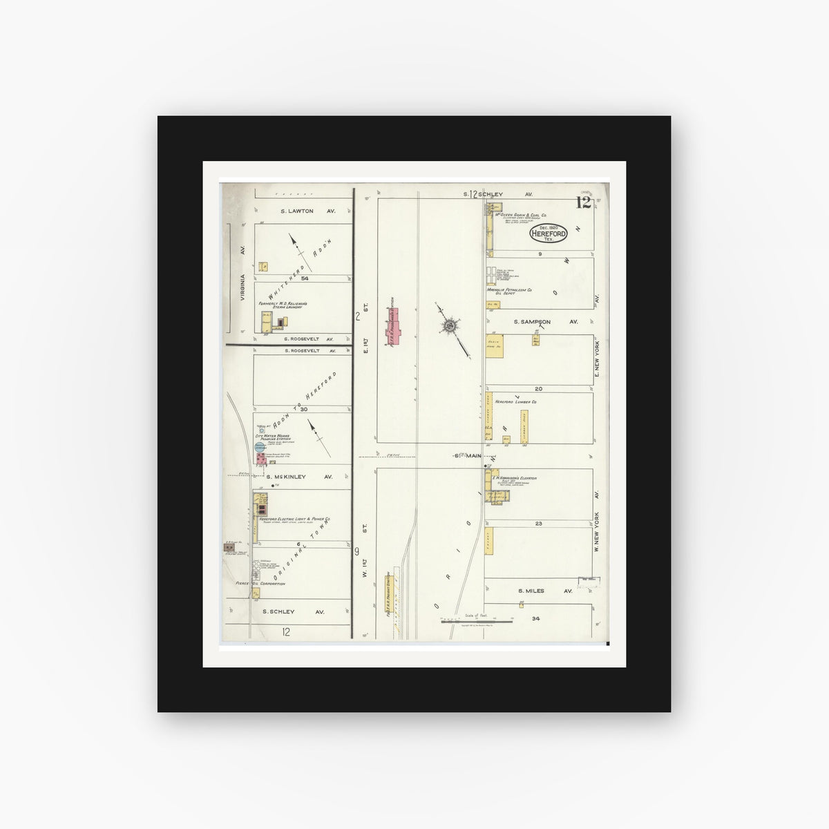 Old map wall art mockup — black gallery frame with white mat — Sanborn Fire Insurance Map from Hereford, Deaf Smith County, Texas (1920), Sheet #0012
