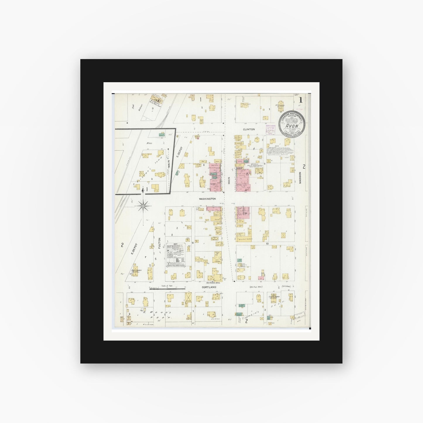 Old map wall art mockup — black gallery frame with white mat — Sanborn Fire Insurance Map from Avon, Fulton County, Illinois (1906), Sheet #0001