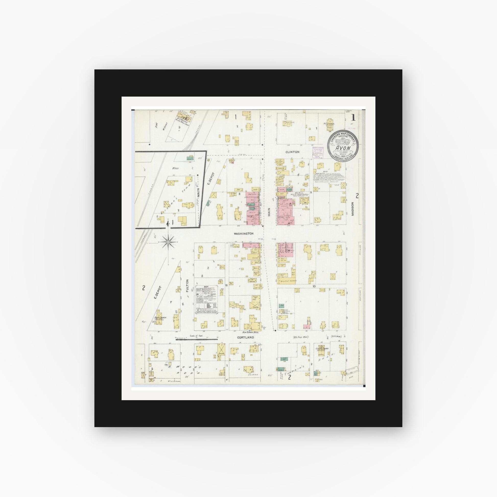 Old map wall art mockup — black gallery frame with white mat — Sanborn Fire Insurance Map from Avon, Fulton County, Illinois (1906), Sheet #0001