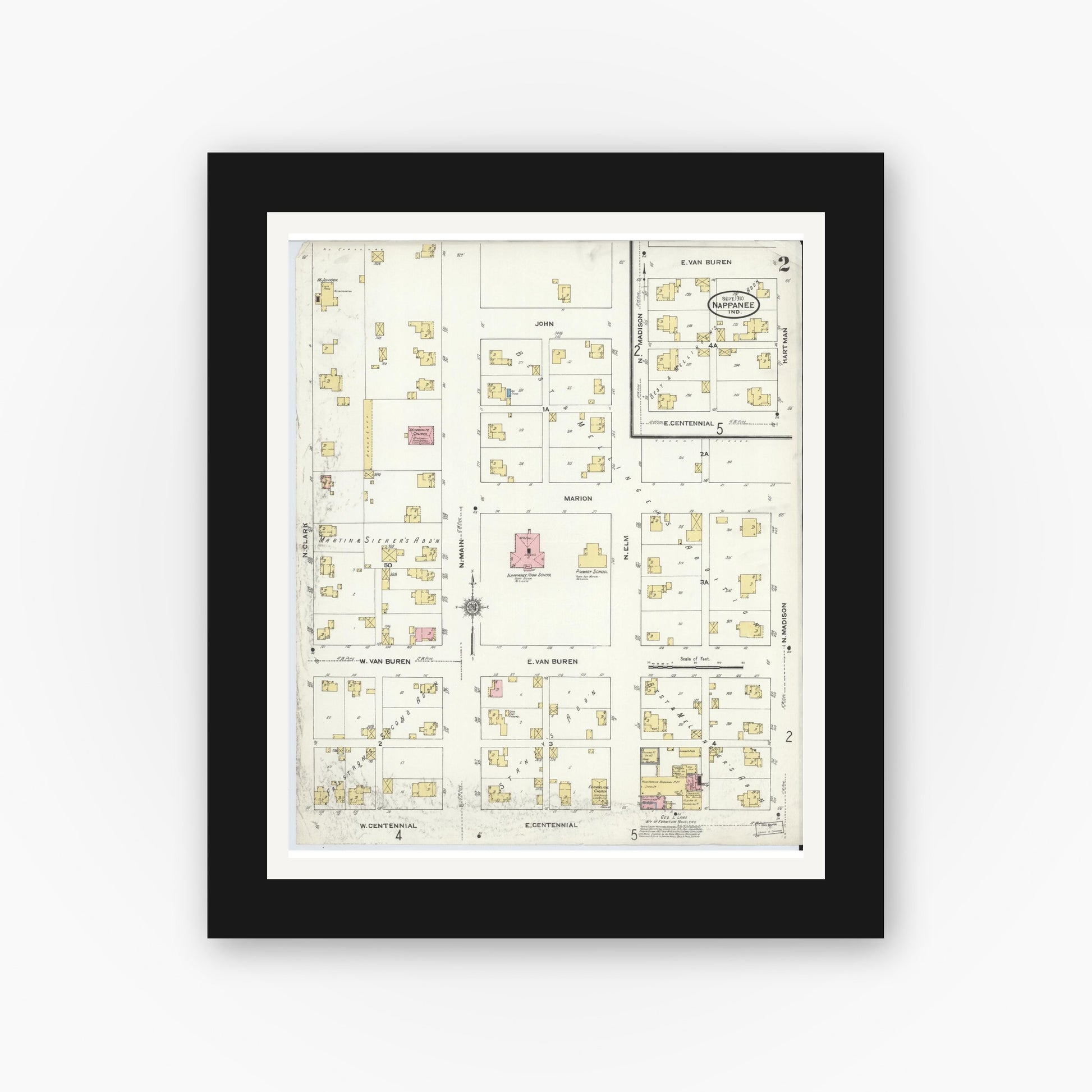 Old map wall art mockup — black gallery frame with white mat — Sanborn Fire Insurance Map from Nappanee, Elkhart County, Indiana (1910), Sheet #0002