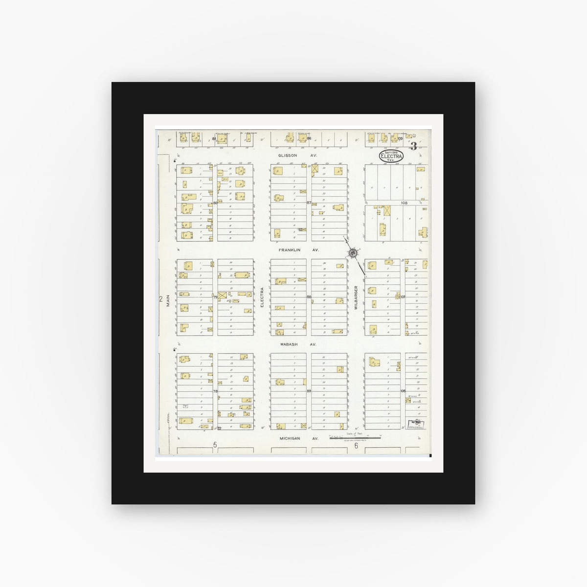 Old map wall art mockup — black gallery frame with white mat — Sanborn Fire Insurance Map from Electra, Wichita County, Texas (1919), Sheet #0003