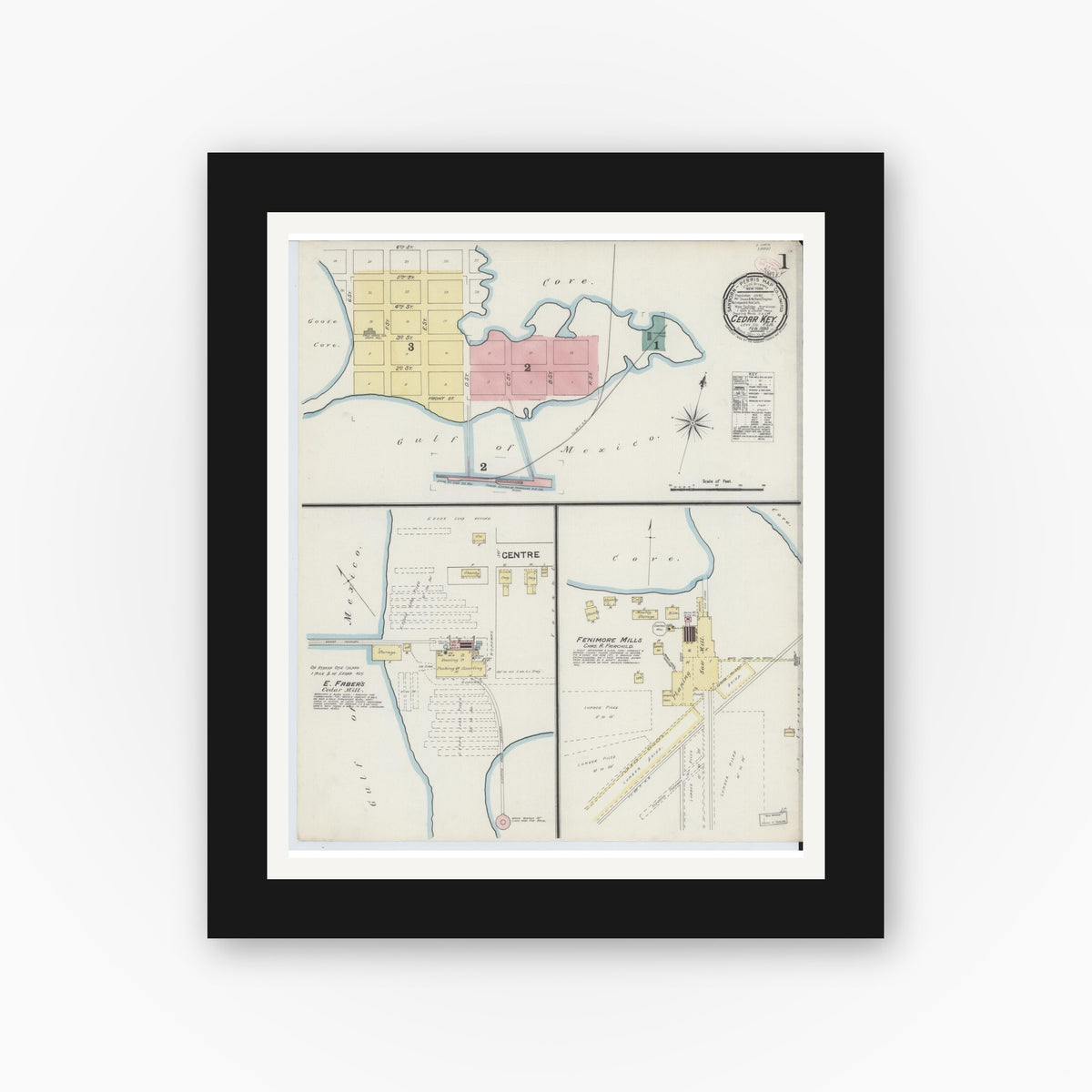 Old map wall art mockup — black gallery frame with white mat — Sanborn Fire Insurance Map from Cedar Key, Levy County, Florida (1890) - Complete Map Set