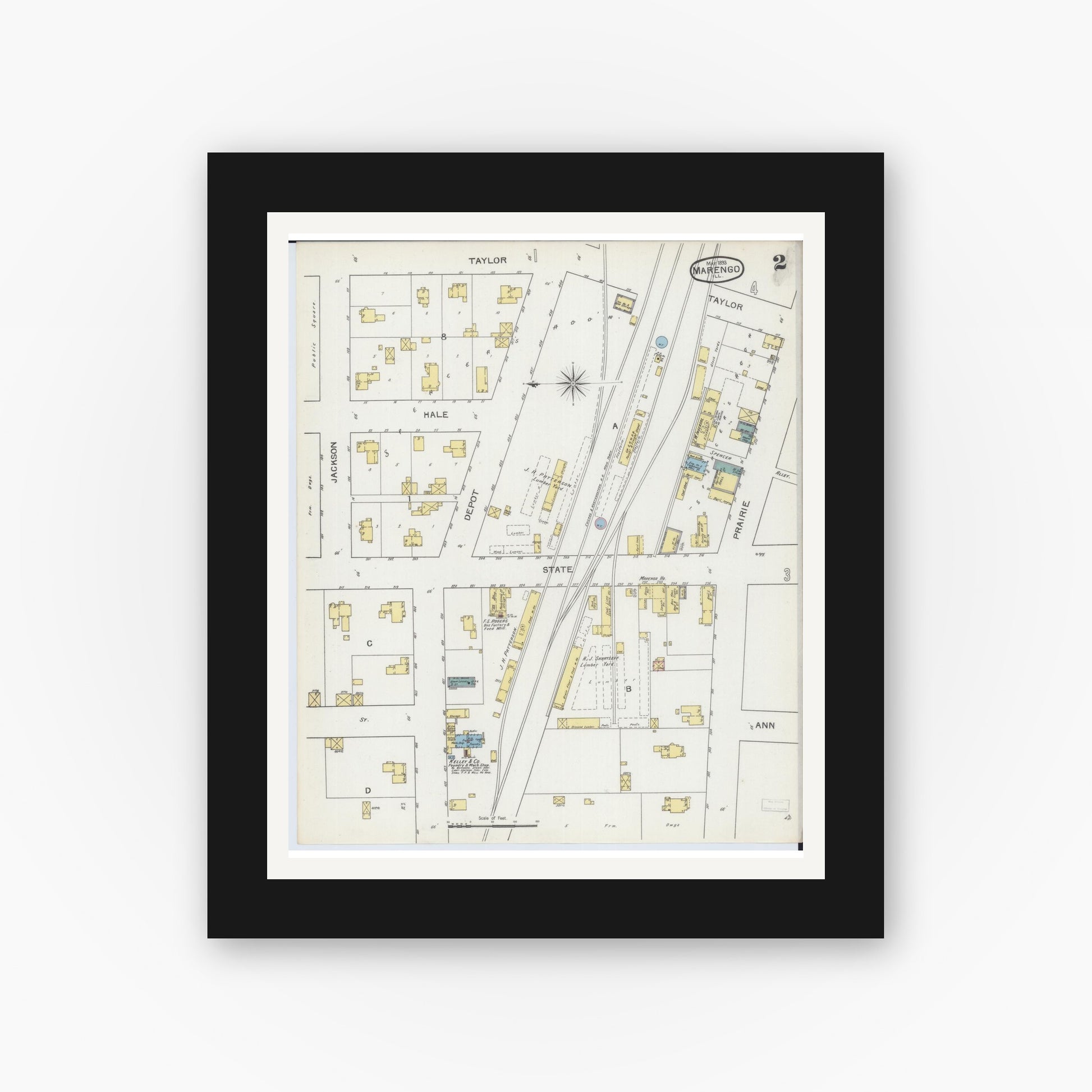 Old map wall art mockup — black gallery frame with white mat — Sanborn Fire Insurance Map from Marengo, McHenry County, Illinois (1893), Sheet #0002