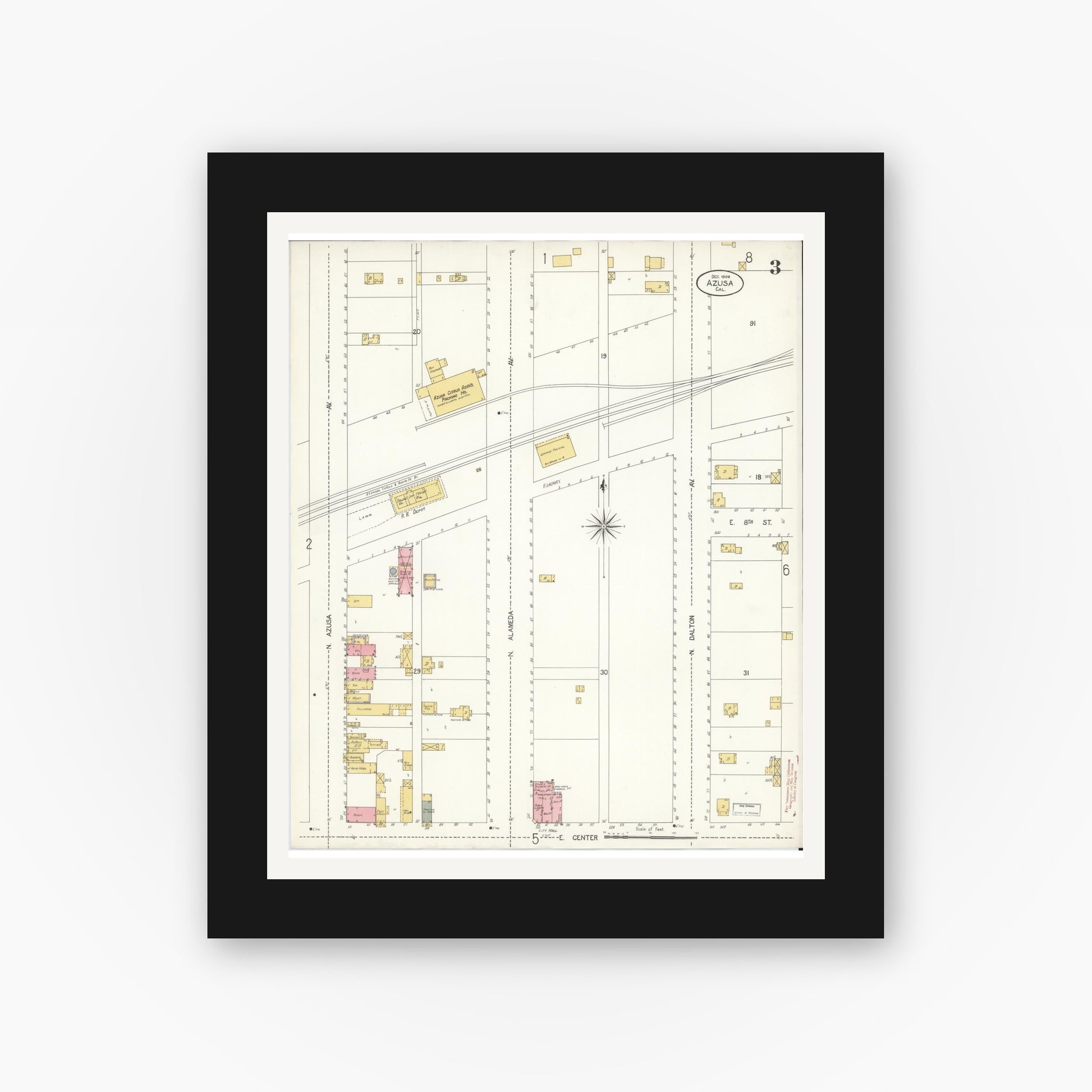 Old map wall art mockup — black gallery frame with white mat — Sanborn Fire Insurance Map from Azusa, Los Angeles County, California (1906), Sheet #0003