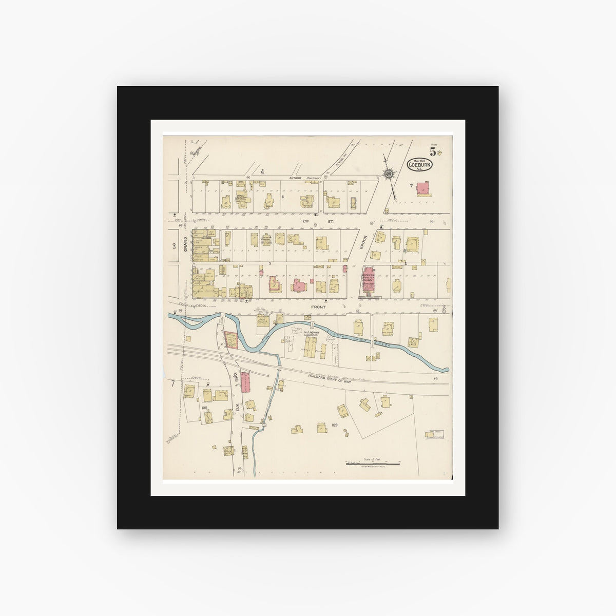 Old map wall art mockup — black gallery frame with white mat — Sanborn Fire Insurance Map from Coeburn, Wise County, Virginia (1922), Sheet #0005