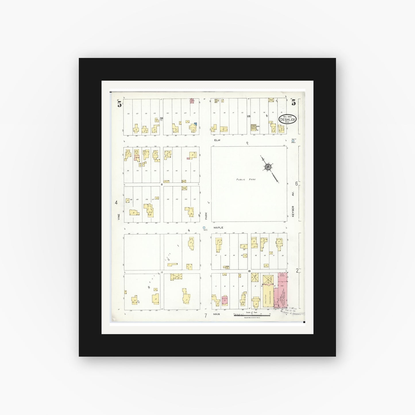 Old map wall art mockup — black gallery frame with white mat — Sanborn Fire Insurance Map from Deshler, Henry County, Ohio (1923), Sheet #0005