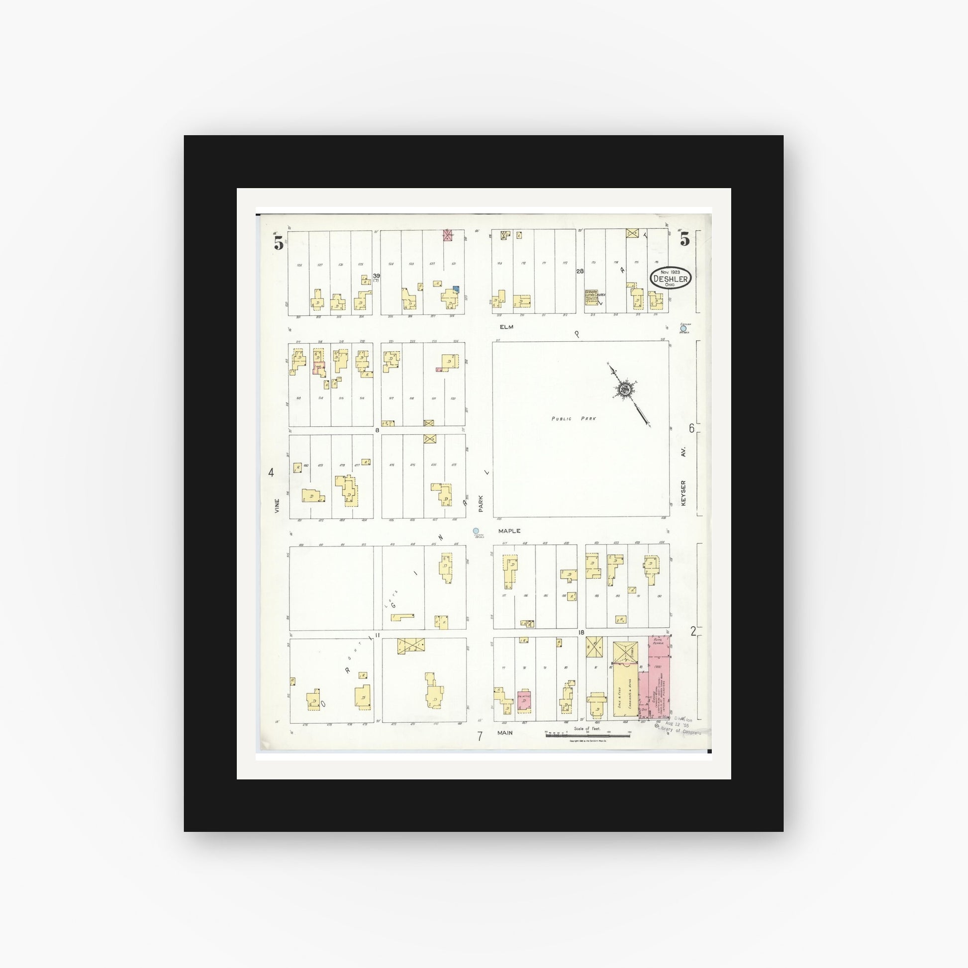 Old map wall art mockup — black gallery frame with white mat — Sanborn Fire Insurance Map from Deshler, Henry County, Ohio (1923), Sheet #0005