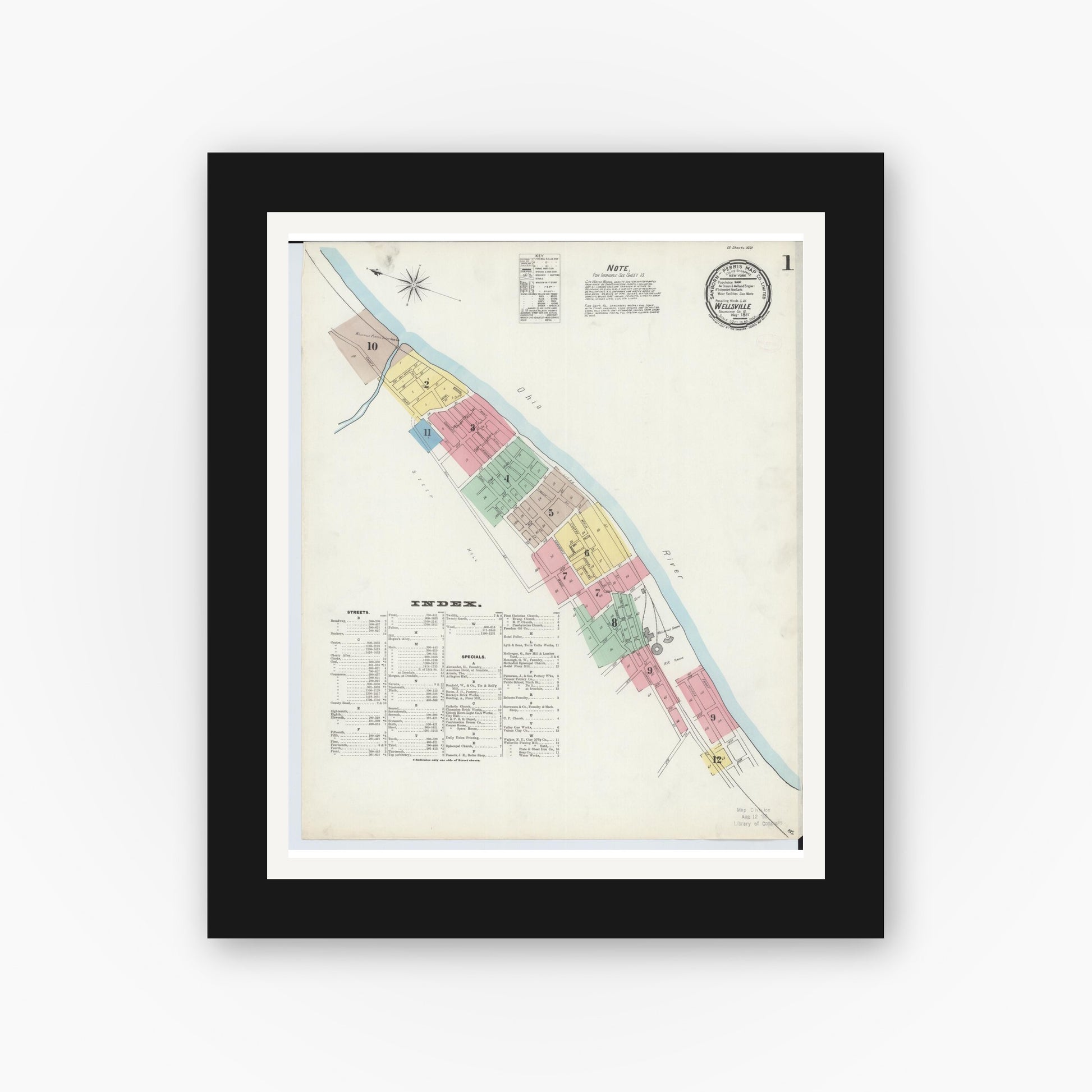 Old map wall art mockup — black gallery frame with white mat — Sanborn Fire Insurance Map from Wellsville, Columbiana County, Ohio (1897), Sheet #0001