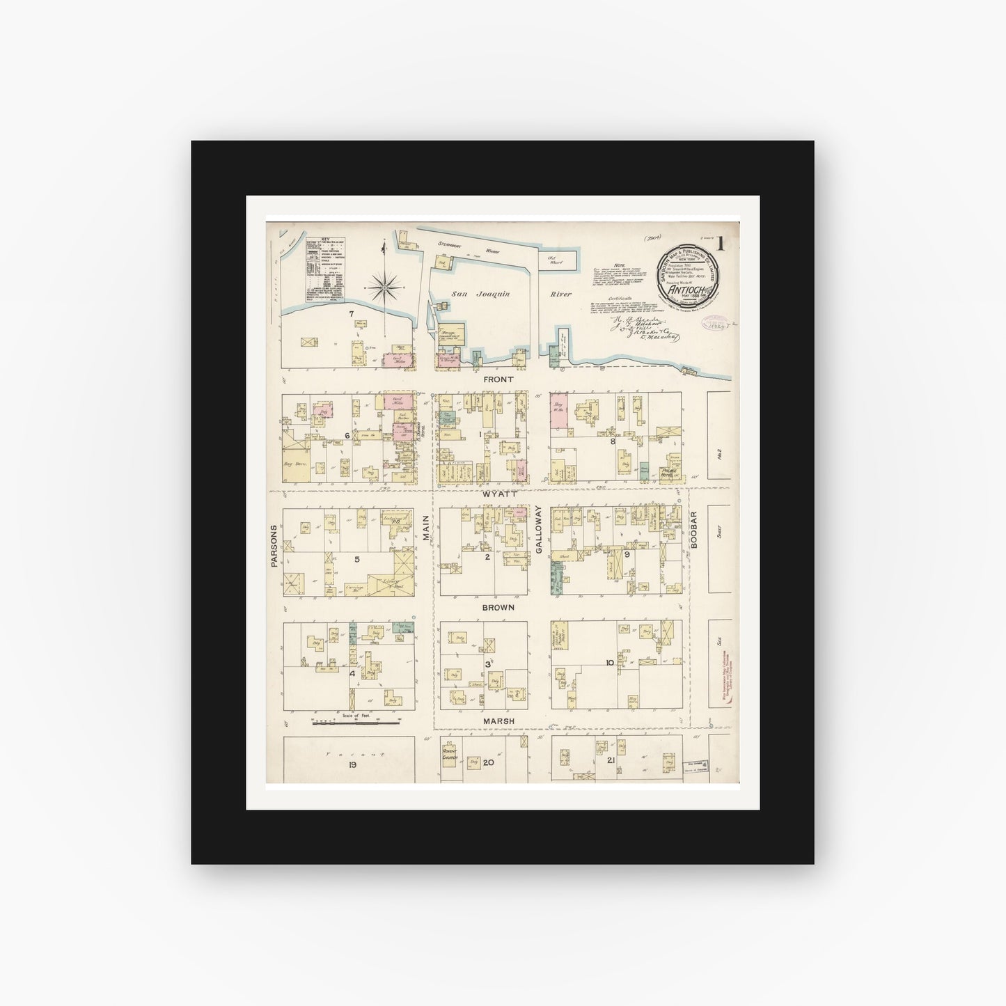 Old map wall art mockup — black gallery frame with white mat — Sanborn Fire Insurance Map from Antioch, Contra Costa County, California (1888), Sheet #0001