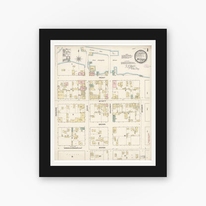 Old map wall art mockup — black gallery frame with white mat — Sanborn Fire Insurance Map from Antioch, Contra Costa County, California (1888), Sheet #0001