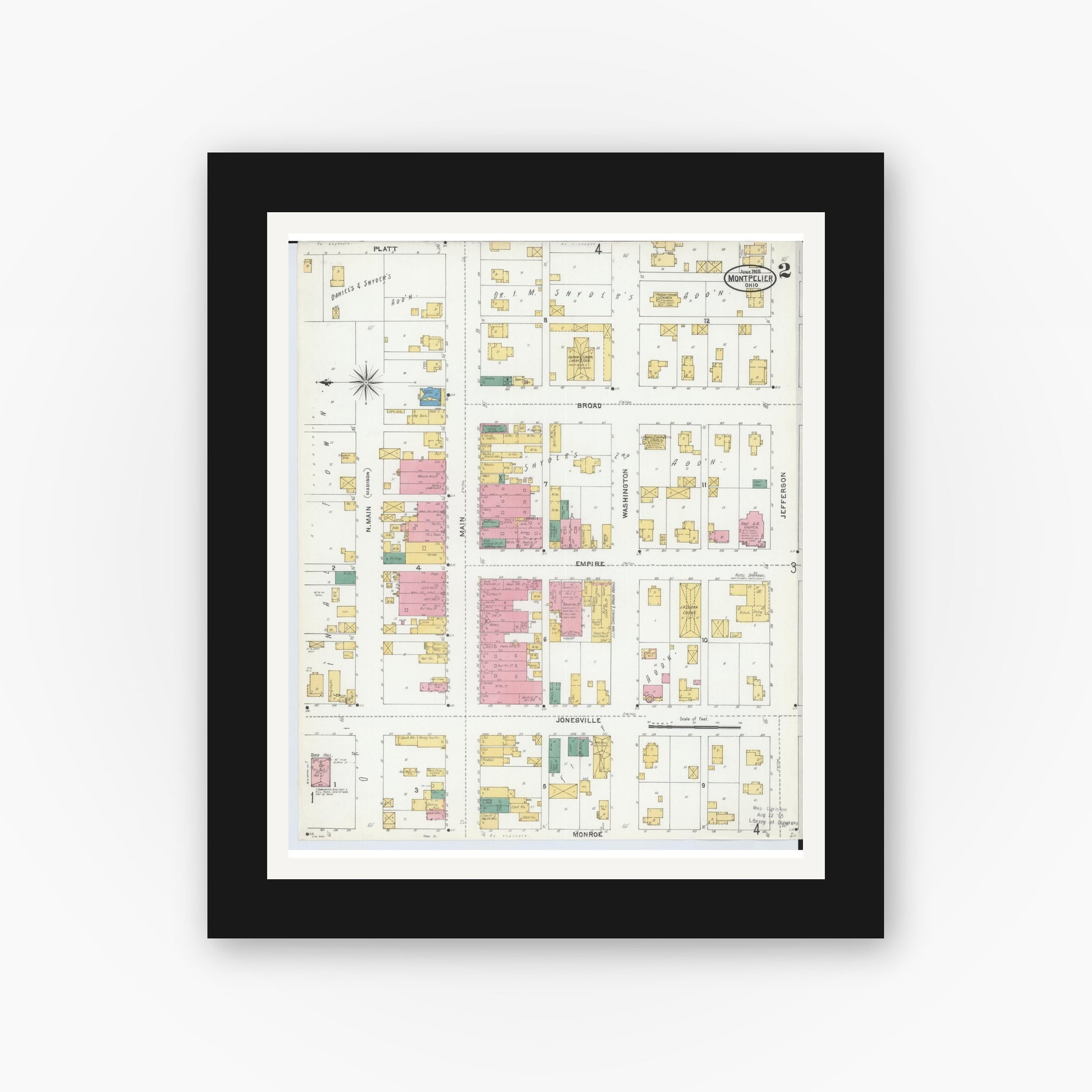 Old map wall art mockup — black gallery frame with white mat — Sanborn Fire Insurance Map from Montpelier, Williams County, Ohio (1905), Sheet #0002
