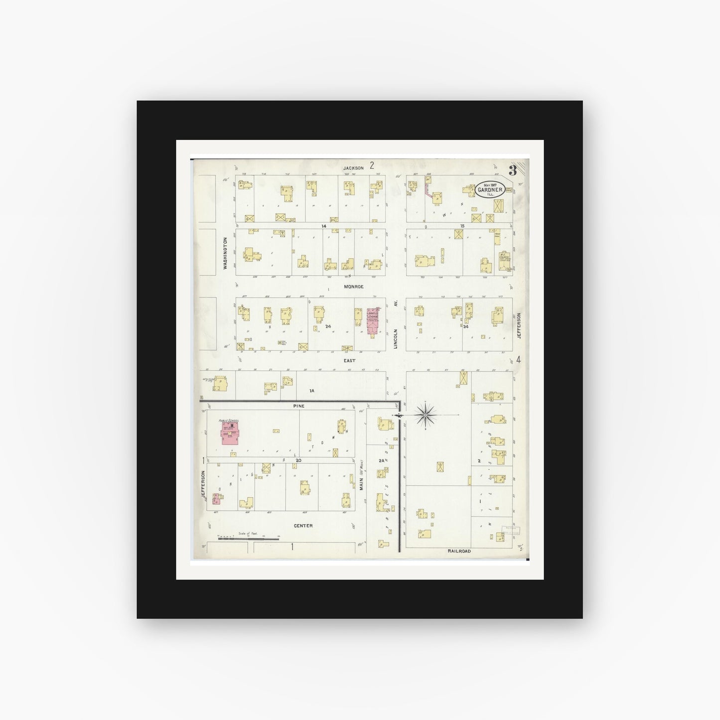 Old map wall art mockup — black gallery frame with white mat — Sanborn Fire Insurance Map from Gardner, Grundy County, Illinois (1907), Sheet #0003