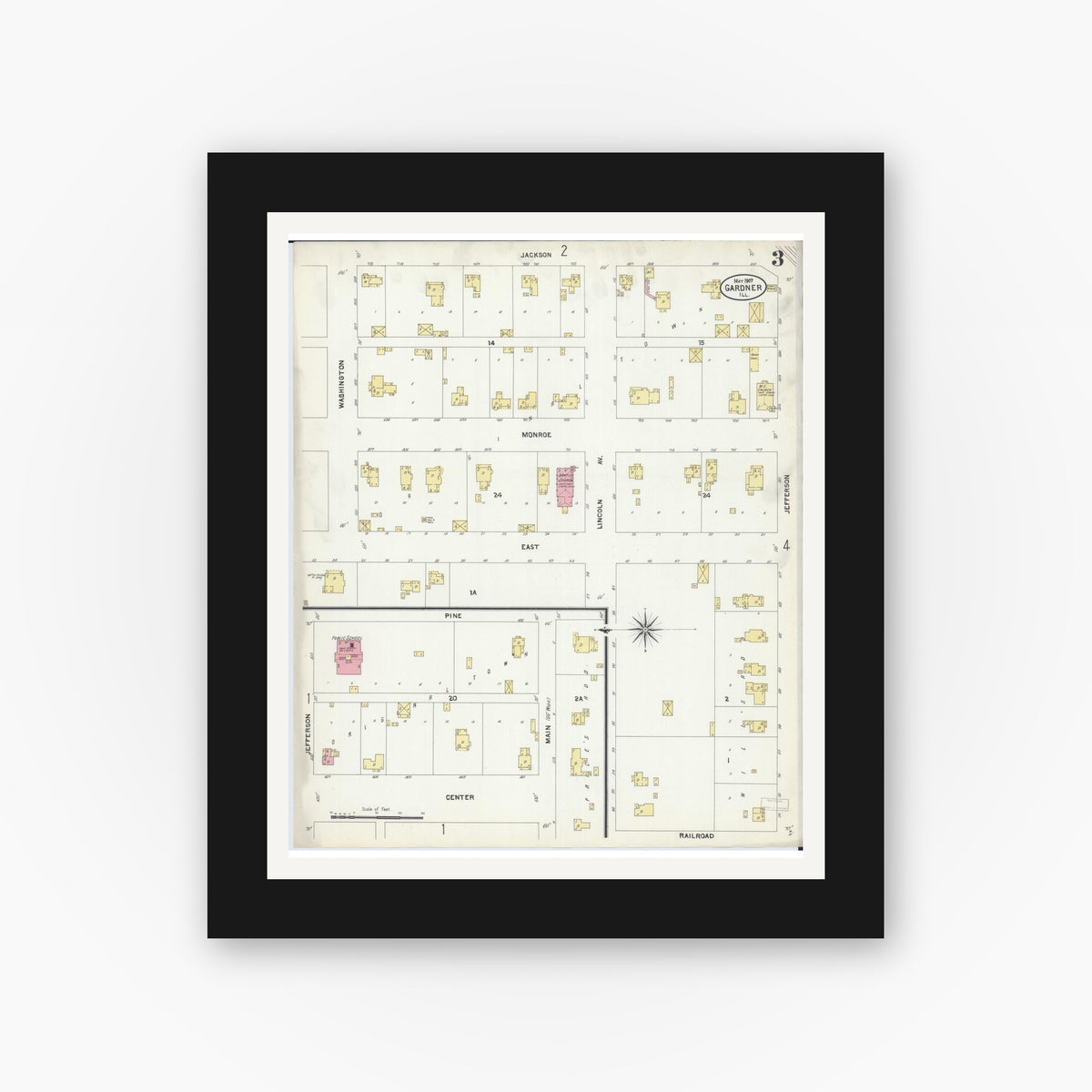 Old map wall art mockup — black gallery frame with white mat — Sanborn Fire Insurance Map from Gardner, Grundy County, Illinois (1907), Sheet #0003