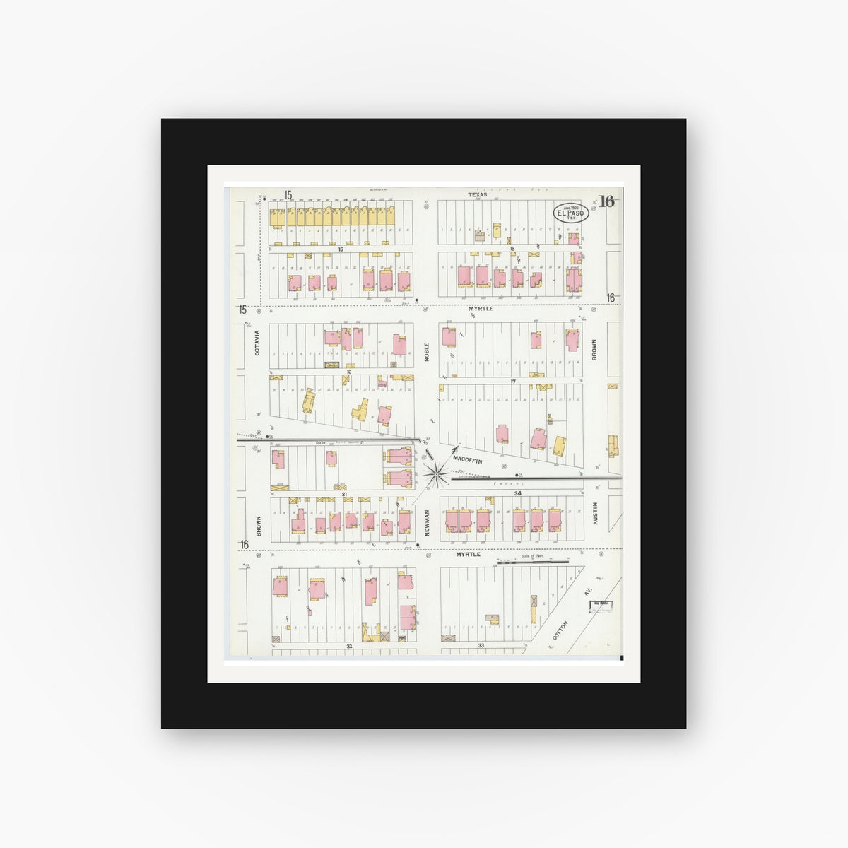 Old map wall art mockup — black gallery frame with white mat — Sanborn Fire Insurance Map from El Paso, El Paso County, Texas (1900), Sheet #0016